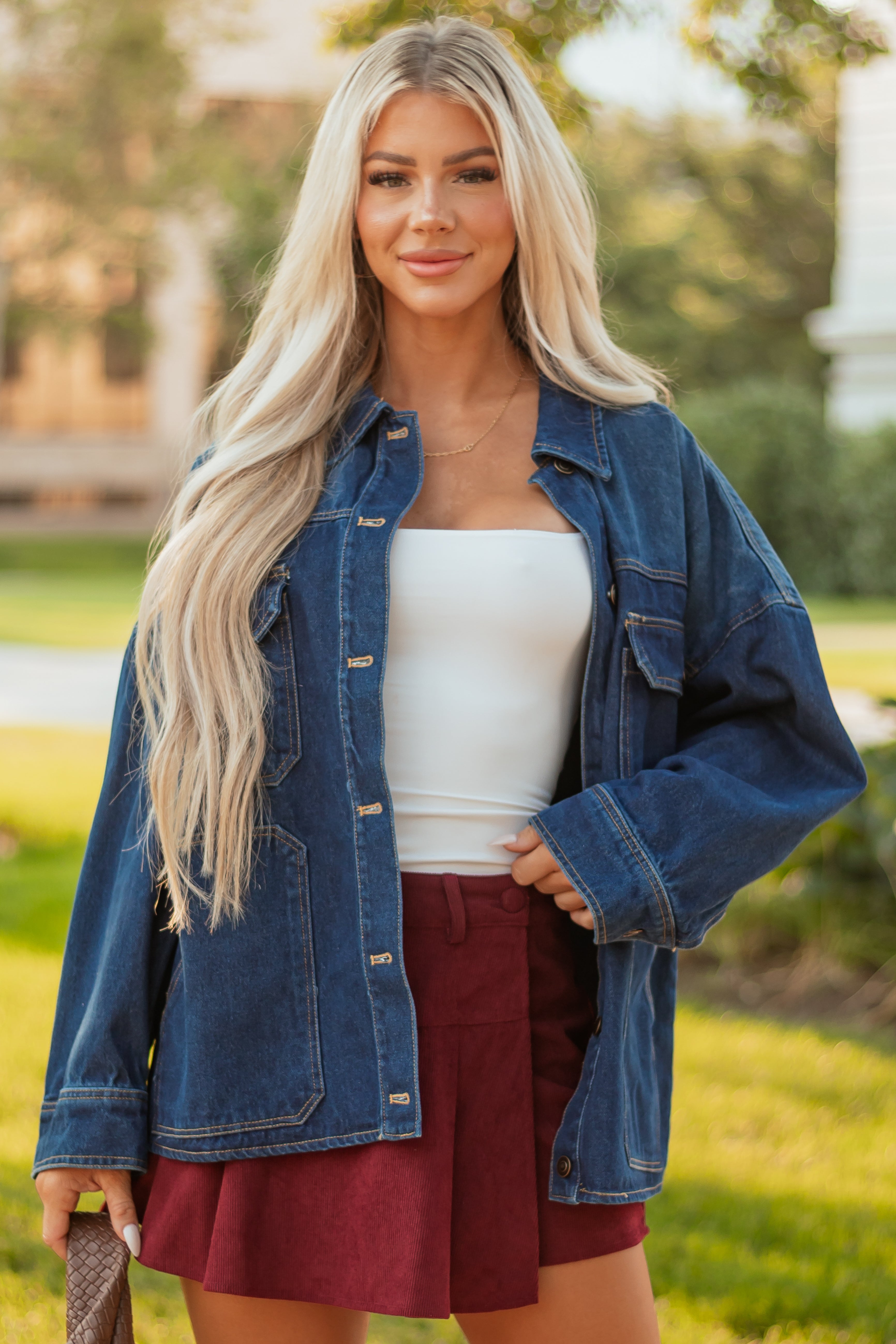 Dark Wash Button Down Relaxed Denim Jacket | Lime Lush Boutique