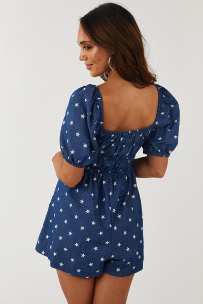 Dark Wash Chambray Star Print Puff Sleeve Romper