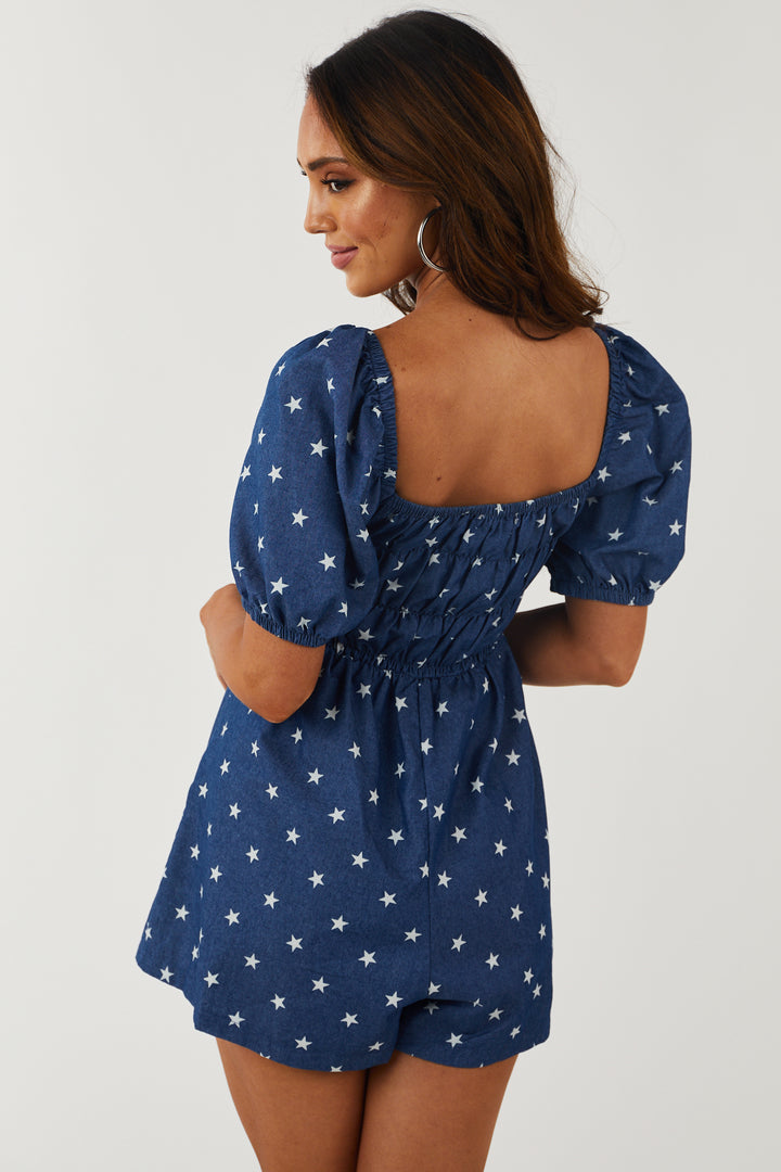 Dark Wash Chambray Star Print Puff Sleeve Romper