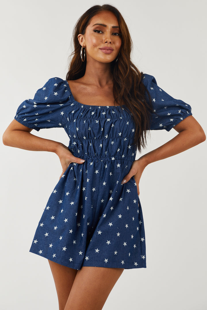 Dark Wash Chambray Star Print Puff Sleeve Romper