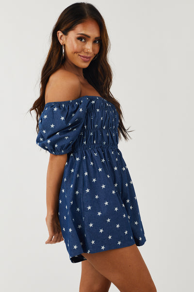 Dark Wash Chambray Star Print Puff Sleeve Romper