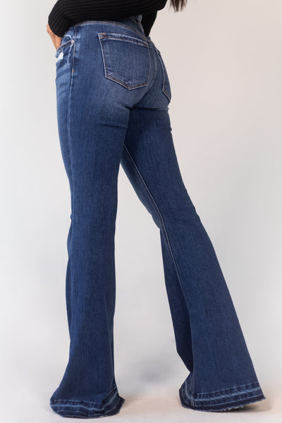 Dark Wash Crossover Waist Stretchy Flare Jeans