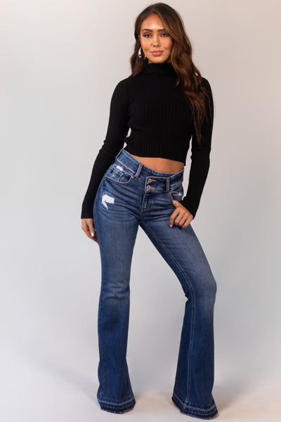 Dark Wash Crossover Waist Stretchy Flare Jeans