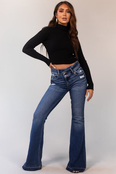 Dark Wash Crossover Waist Stretchy Flare Jeans