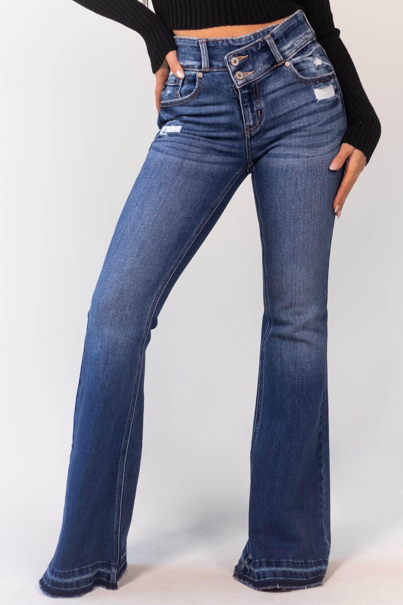 KanCan Dark Wash Crossover Waist Stretchy Flare Jeans | Lime Lush