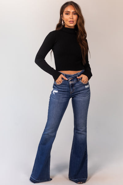 Dark Wash Crossover Waist Stretchy Flare Jeans