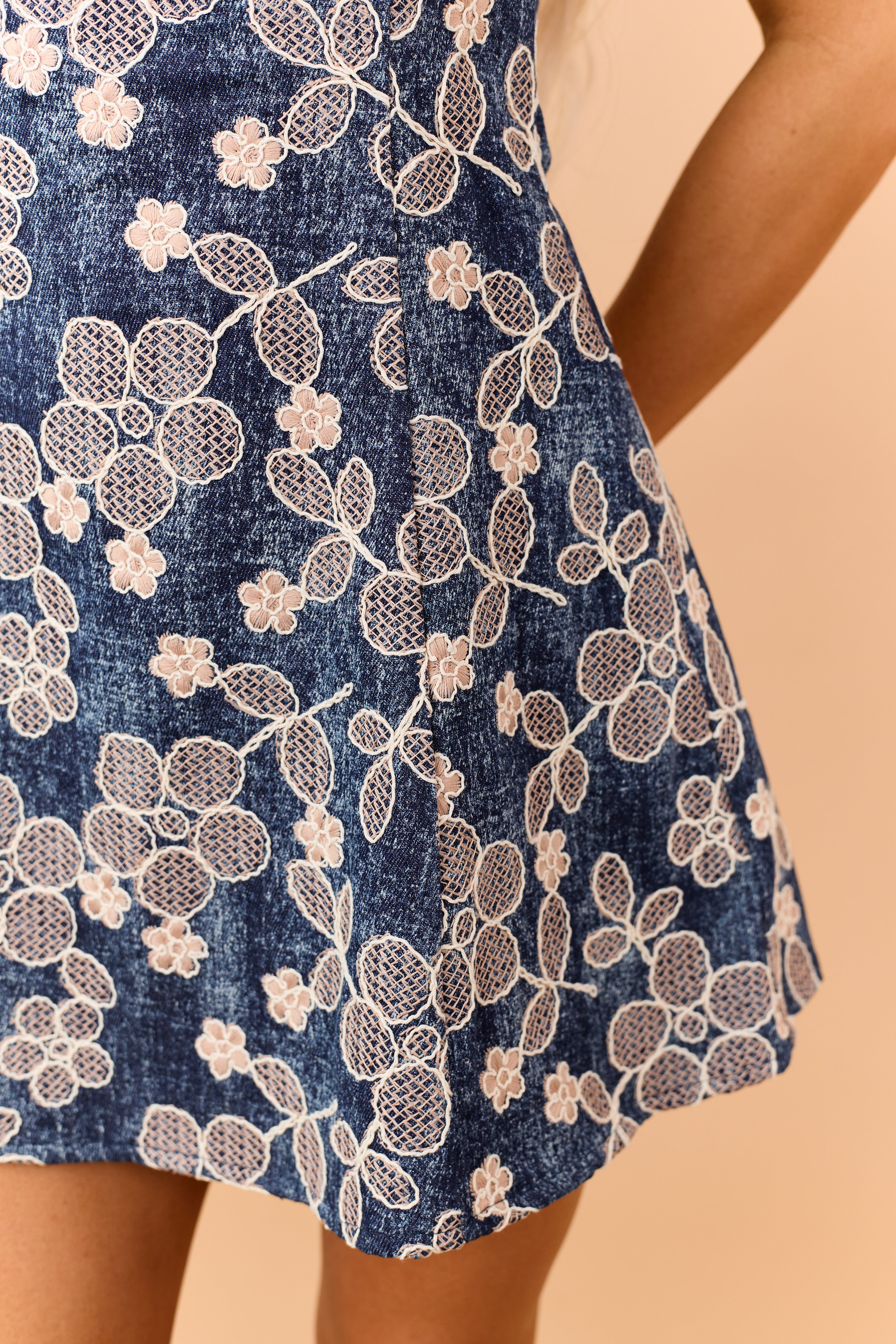 Dark Wash Denim 3D Floral Embroidered Mini Dress