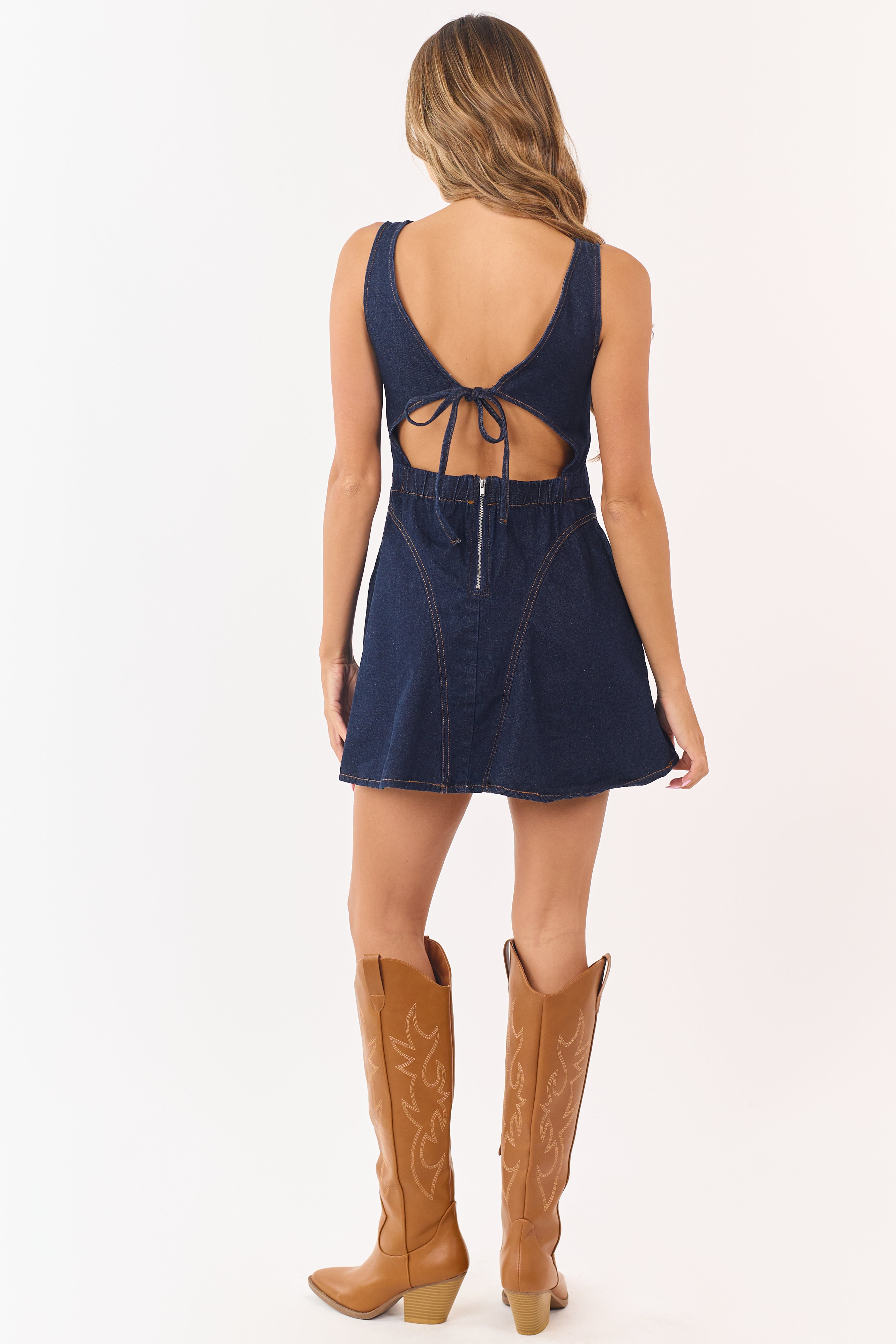 Dark Wash Denim A-Line Sleeveless Mini Dress