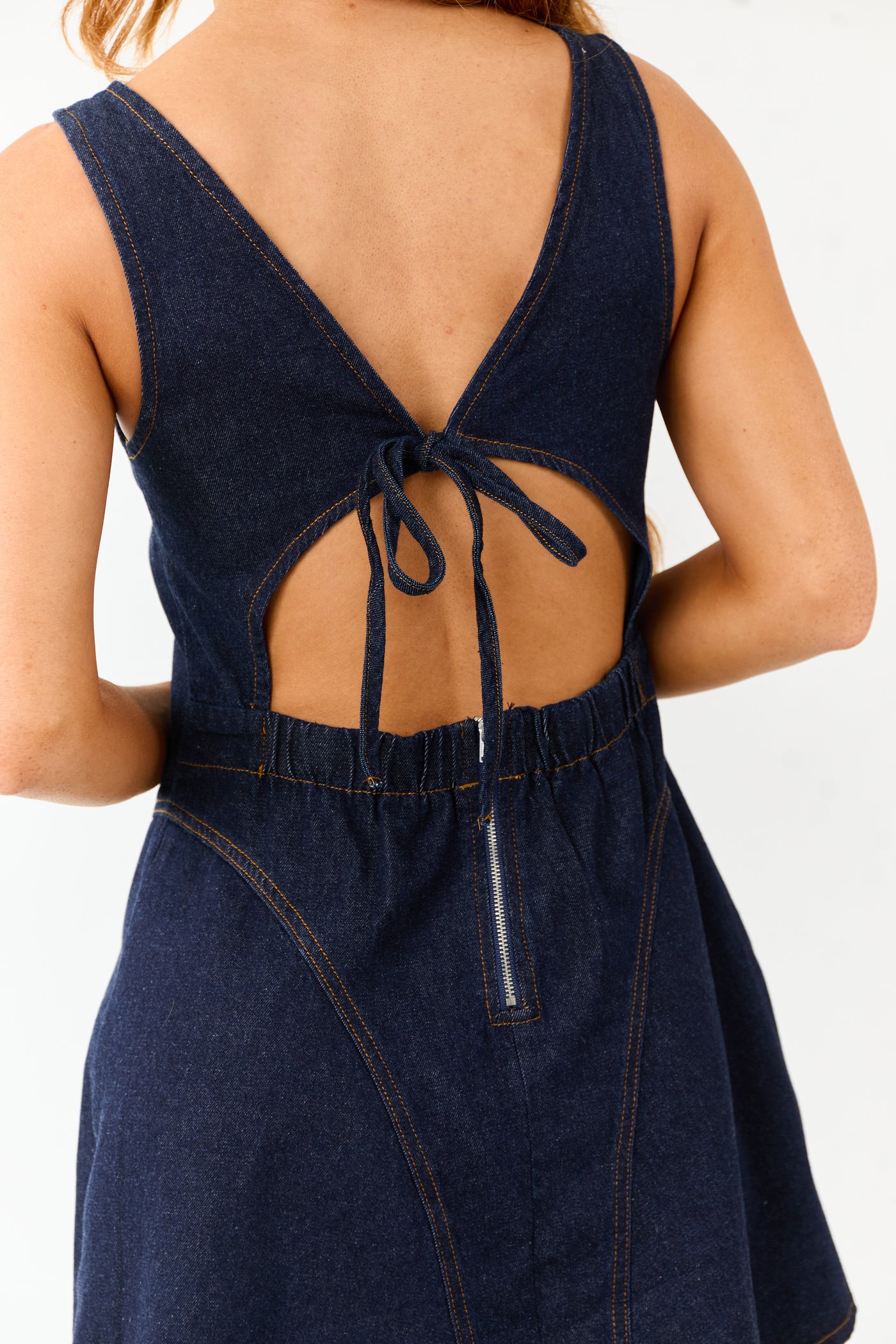 Dark Wash Denim A-Line Sleeveless Mini Dress