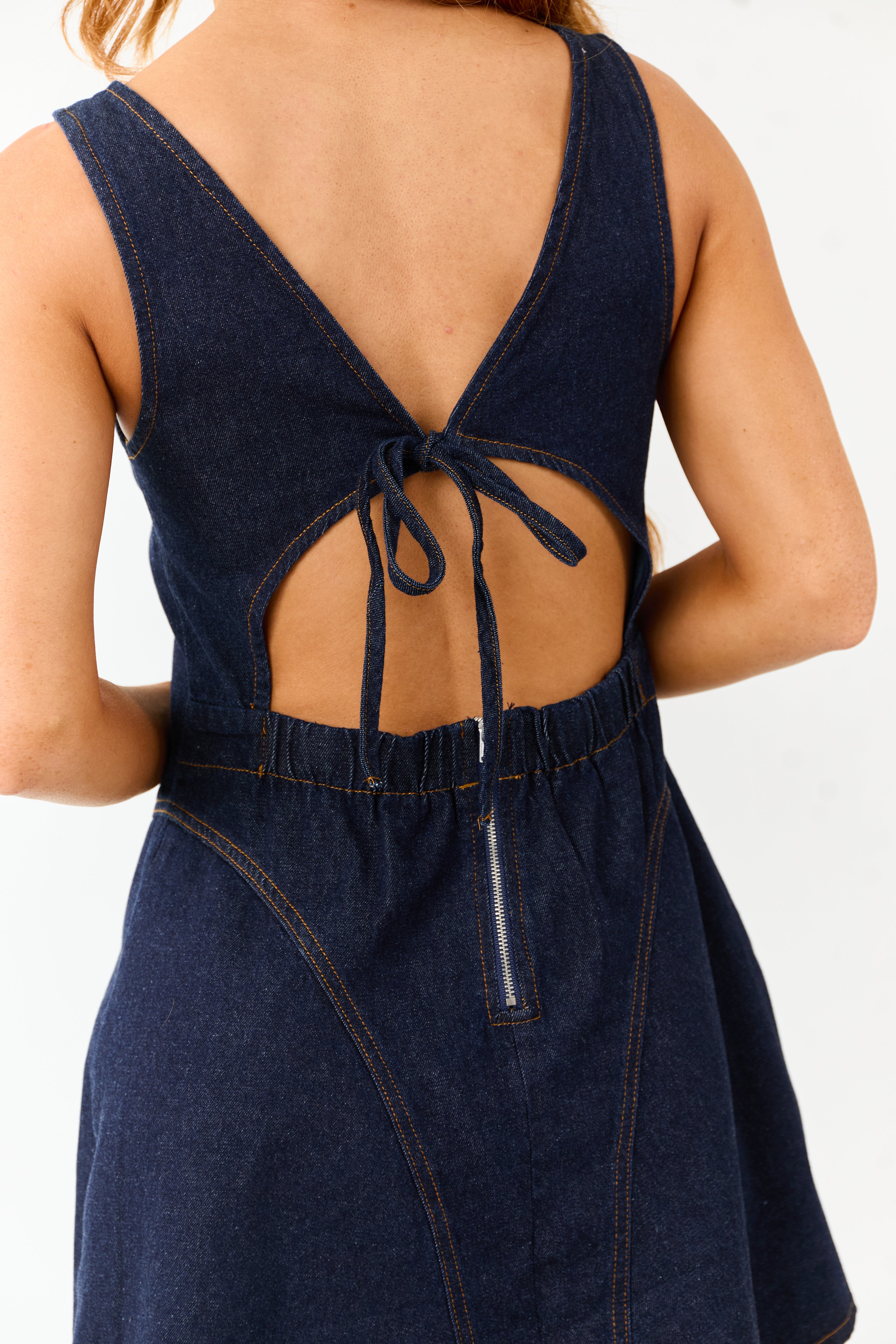 Dark Wash Denim A-Line Sleeveless Mini Dress