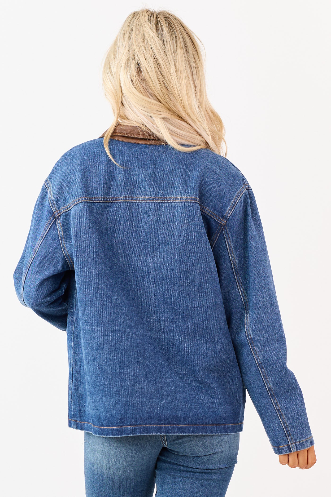 Dark Wash Denim Faux Leather Collar Shacket