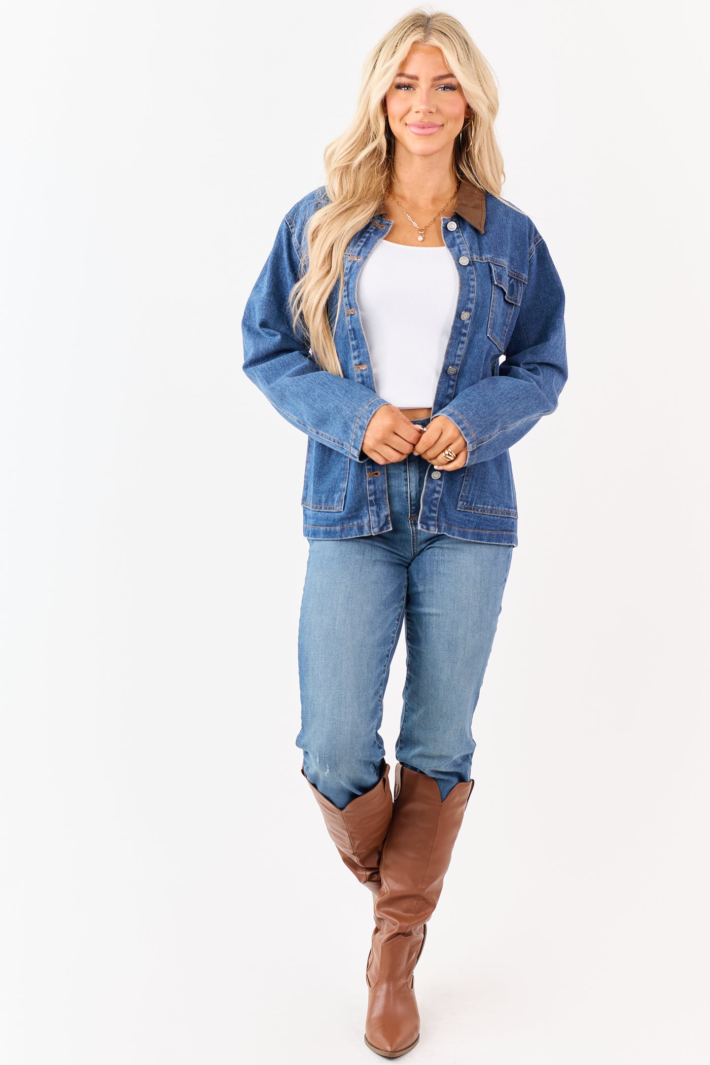 Dark Wash Denim Faux Leather Collar Shacket