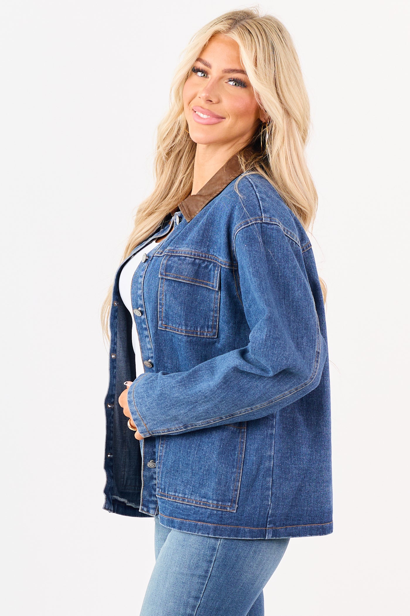 Dark Wash Denim Faux Leather Collar Shacket