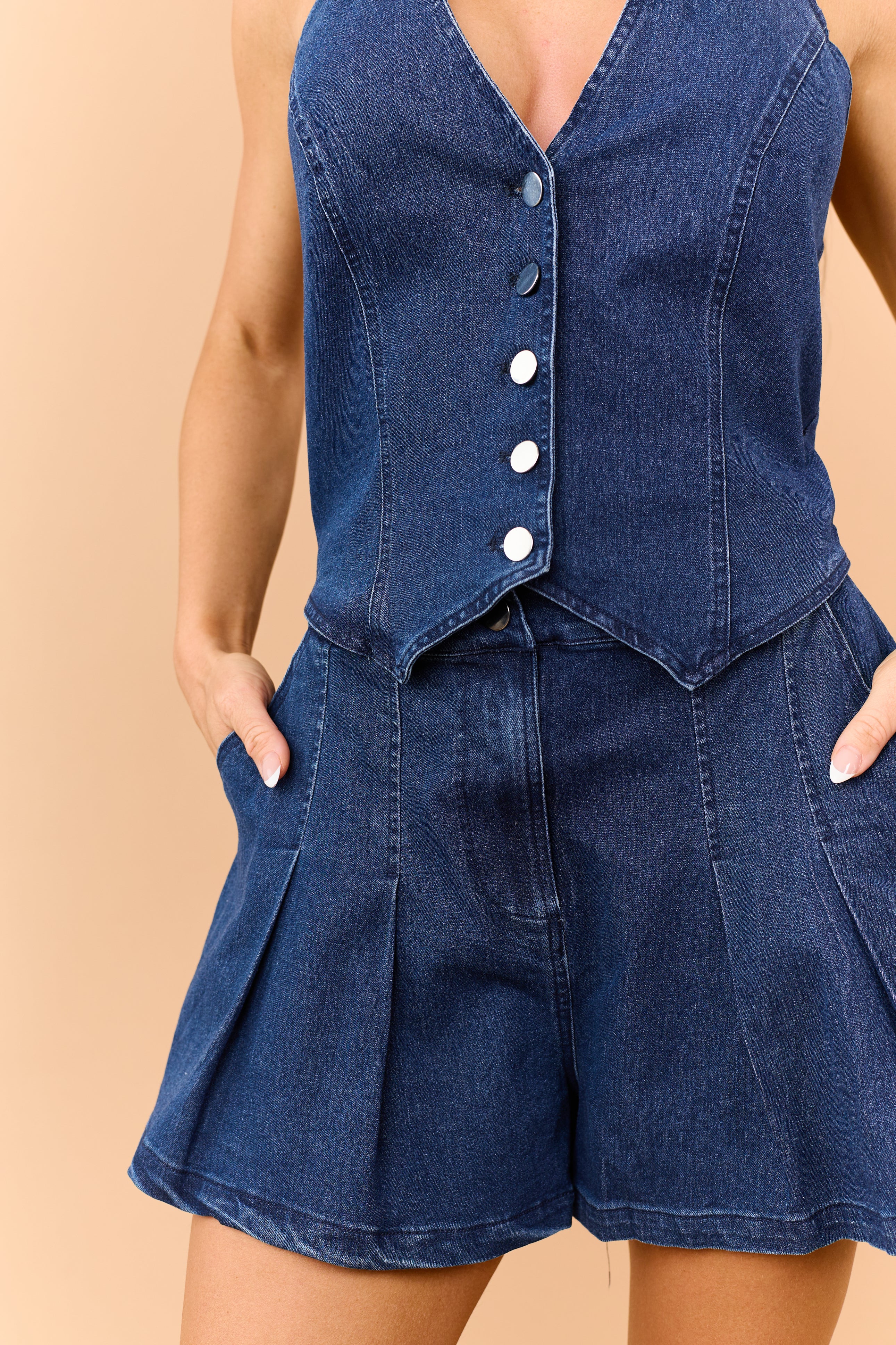 Dark Wash Denim Halter Vest Button Down Romper | Lime Lush Boutique
