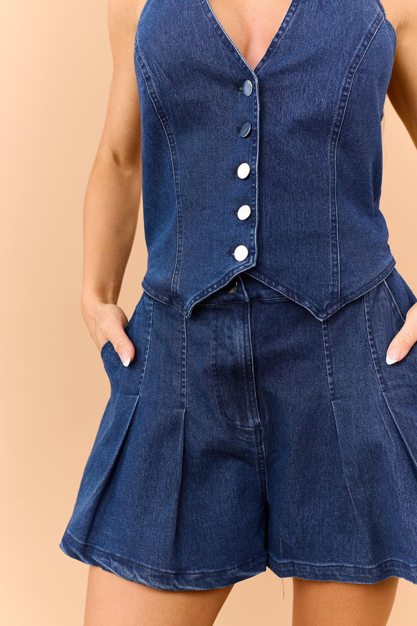 Dark Wash Denim Halter Vest Button Down Romper