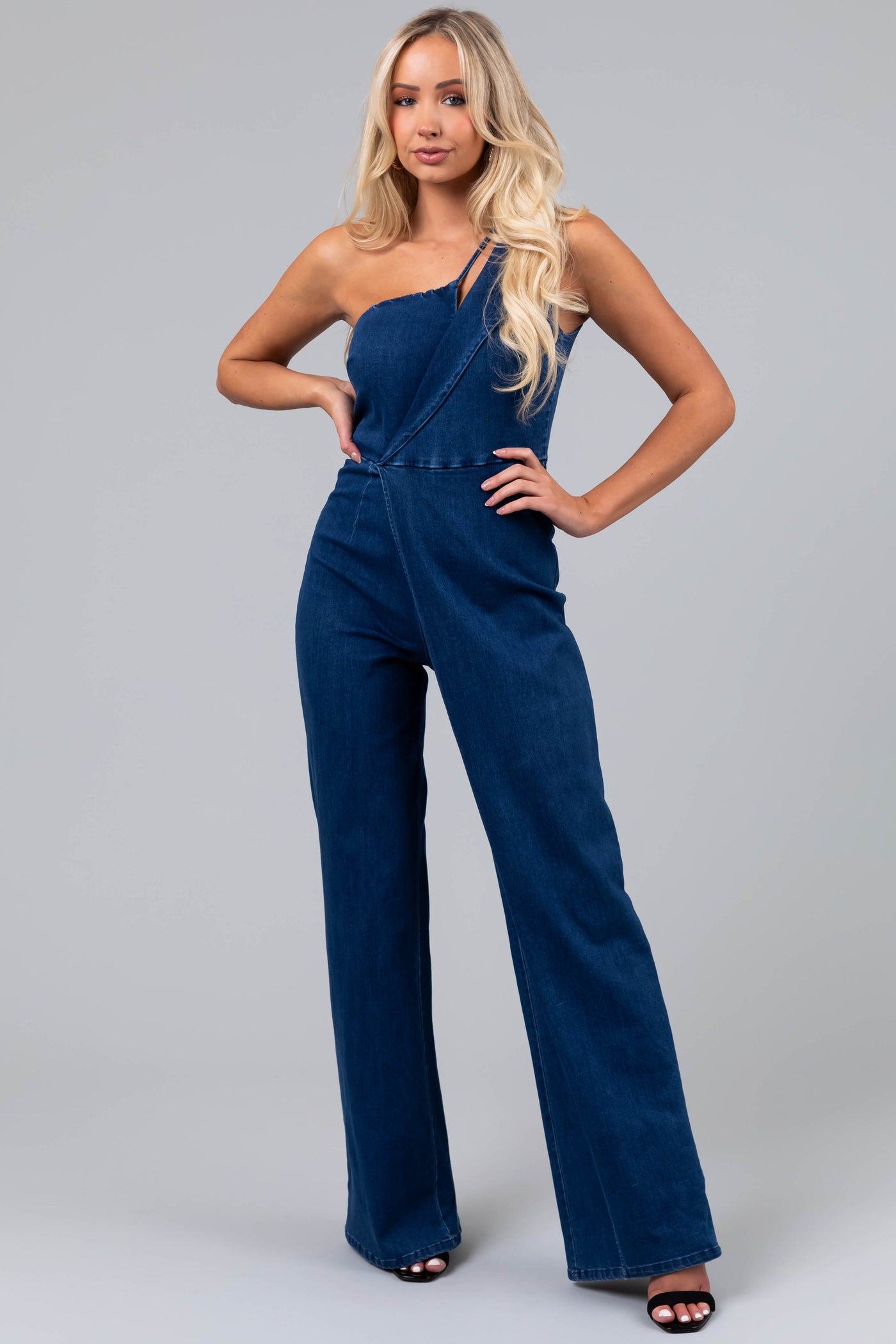 Dark Wash Denim One Shoulder Jumpsuit