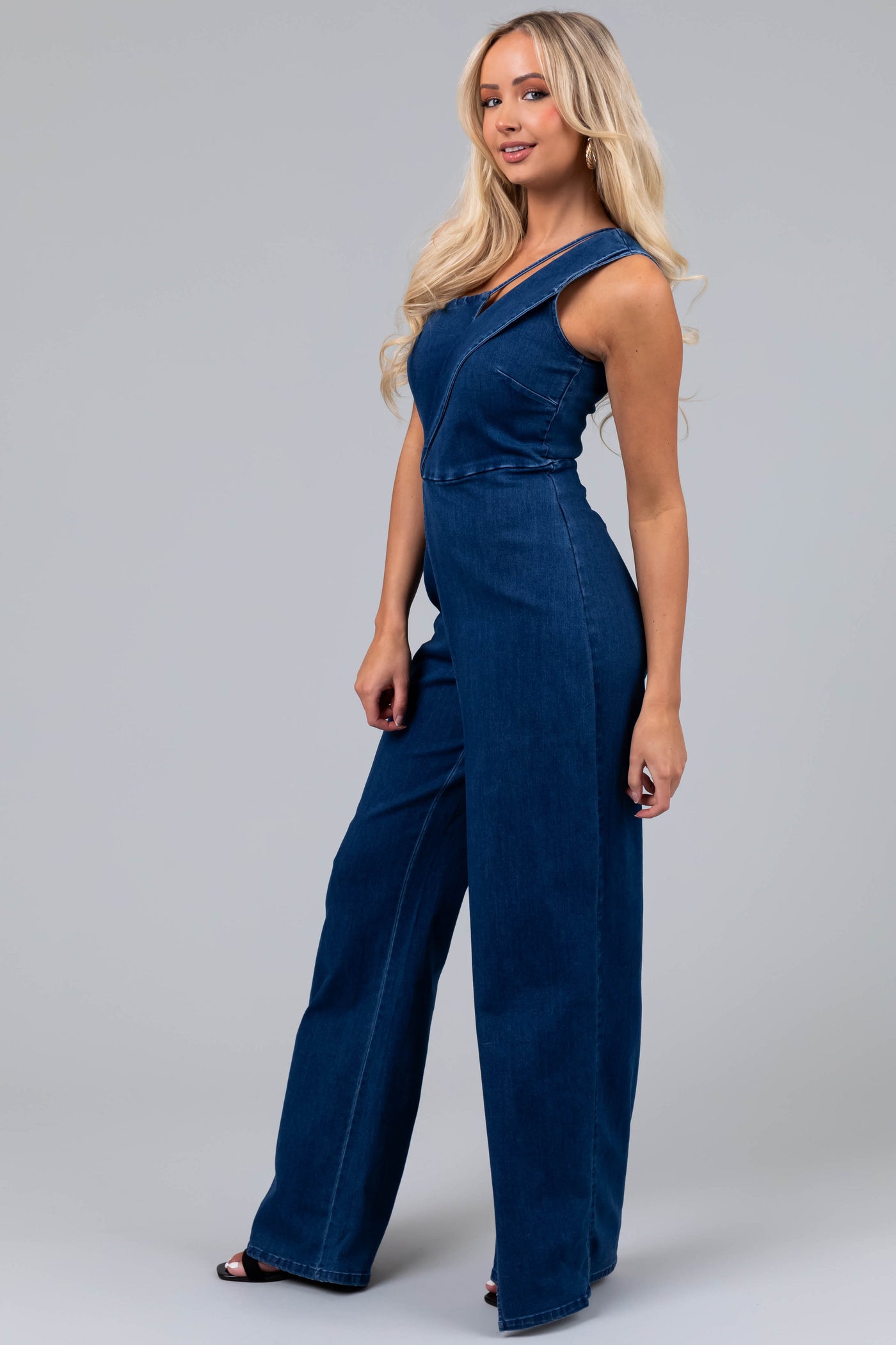 Dark Wash Denim One Shoulder Jumpsuit