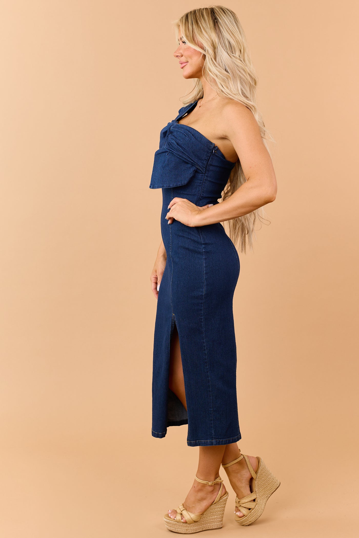 Dark Wash Denim One Shoulder Side Slit Midi Dress