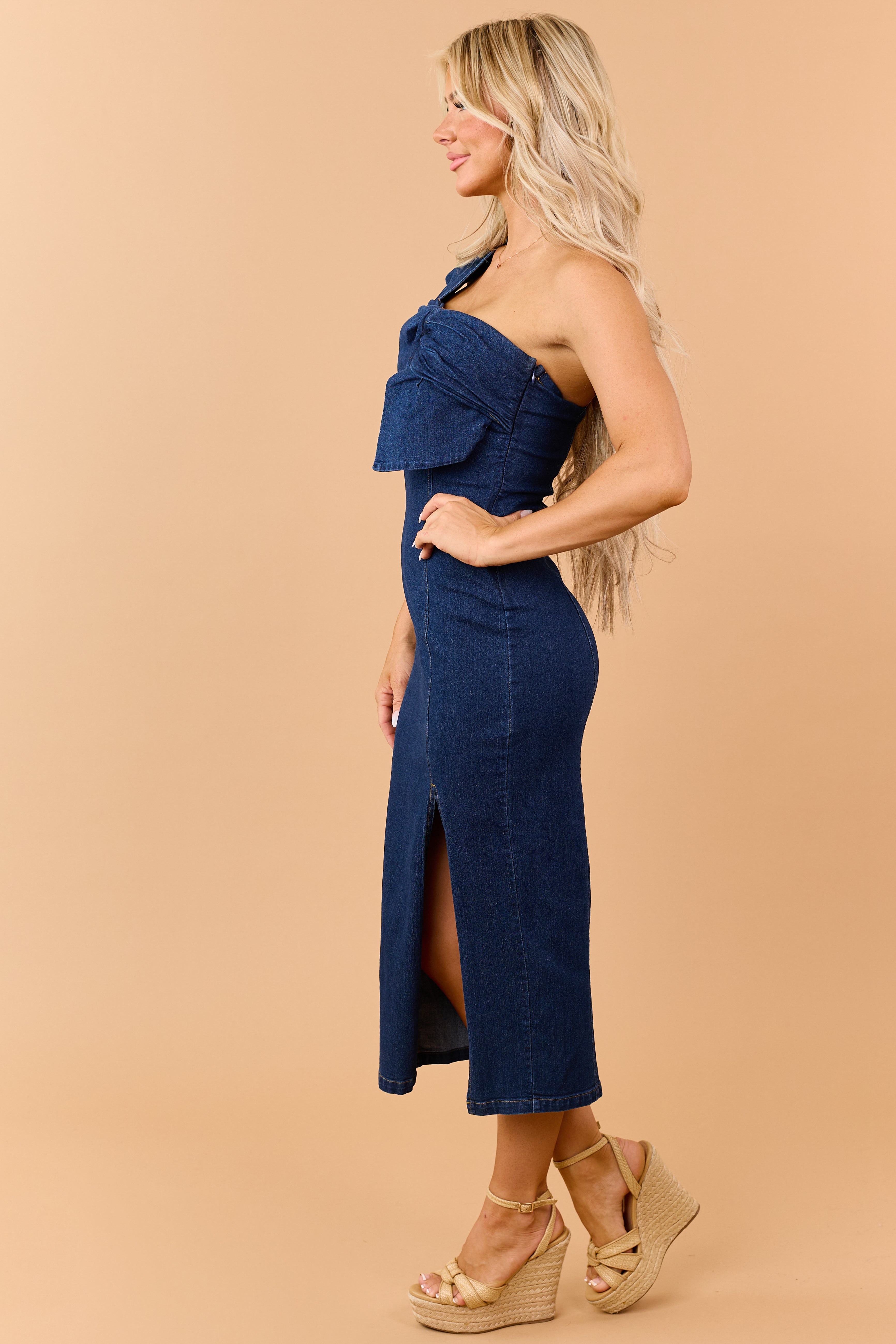 Dark Wash Denim One Shoulder Side Slit Midi Dress