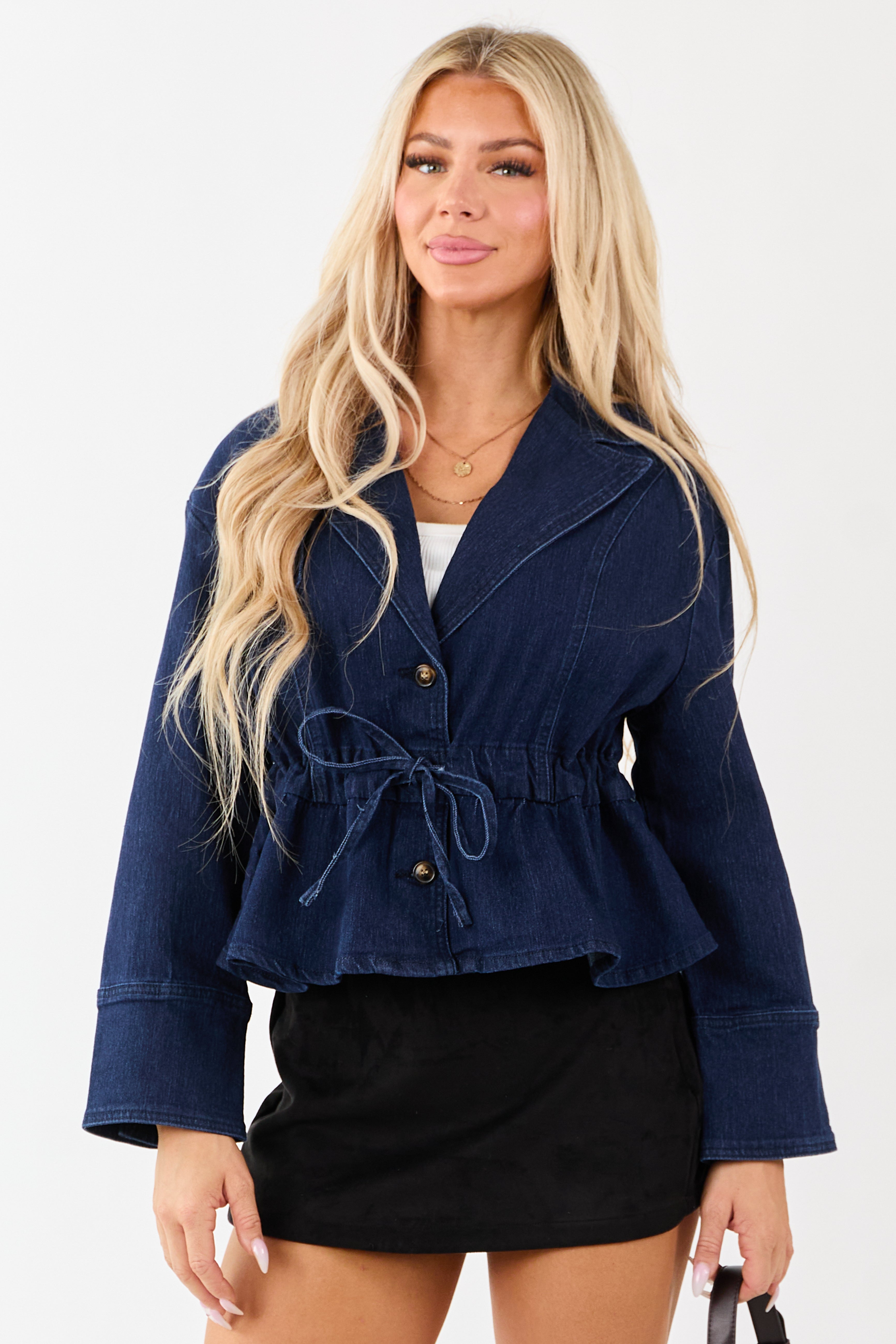 Dark Wash Denim Peplum Waist Tie Jacket | Lime Lush Boutique