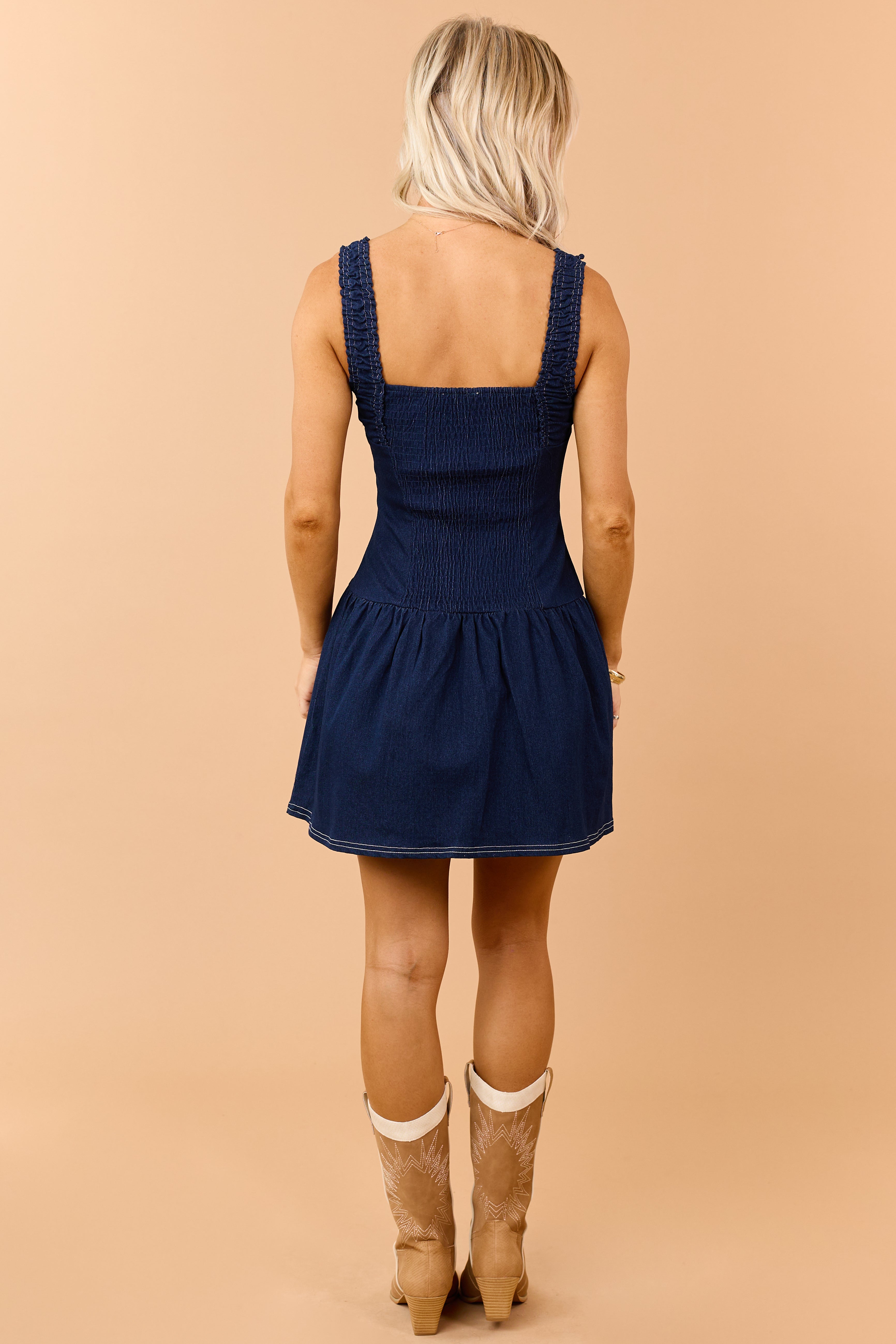 Dark Wash Denim Ruched Bust Mini Dress