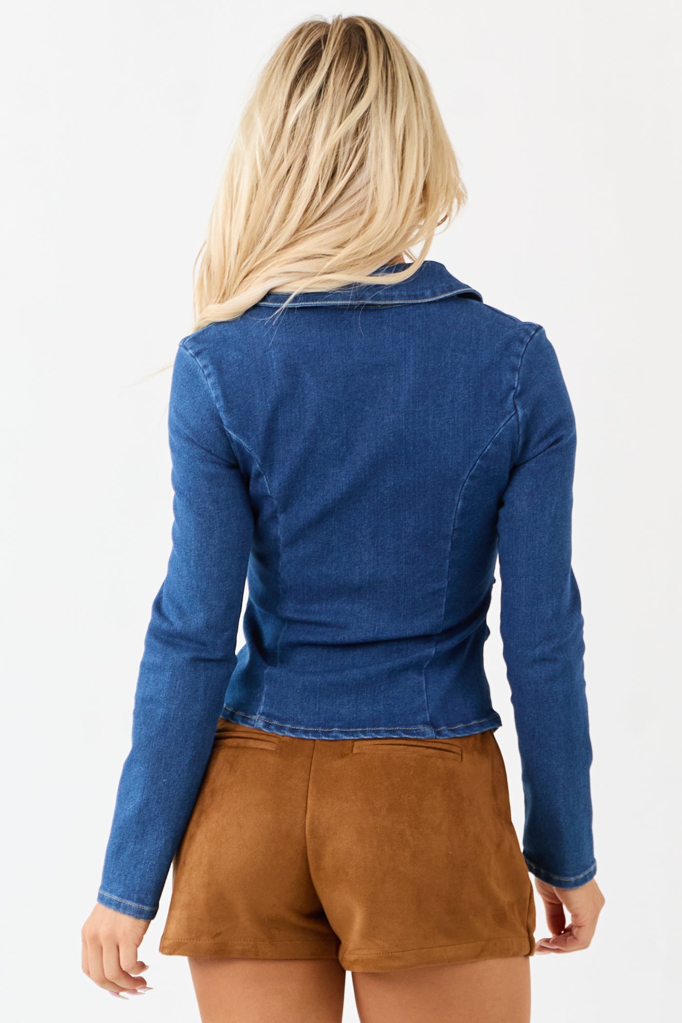 Dark Wash Denim Ruched Long Sleeve Zip Up Top