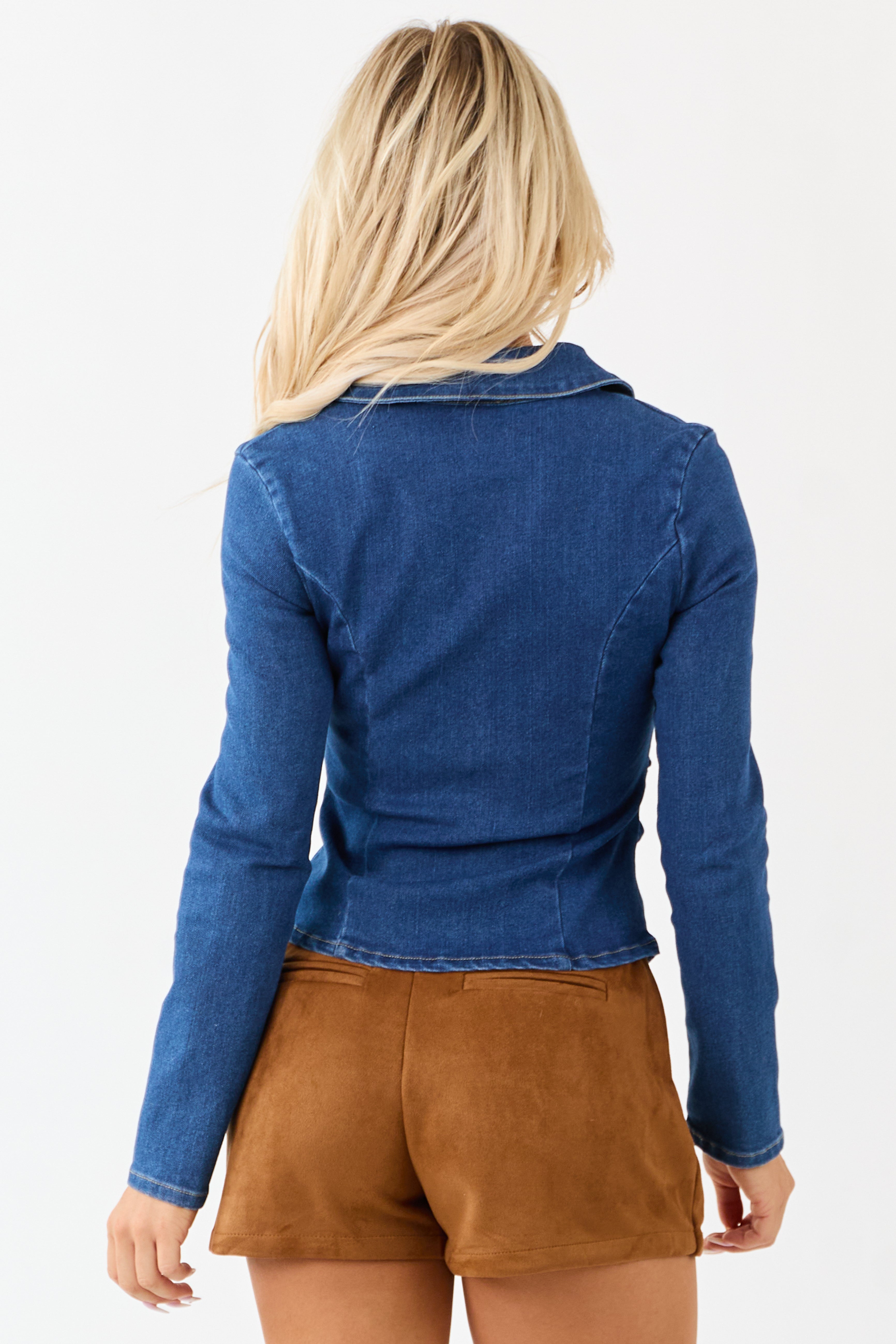 Dark Wash Denim Ruched Long Sleeve Zip Up Top