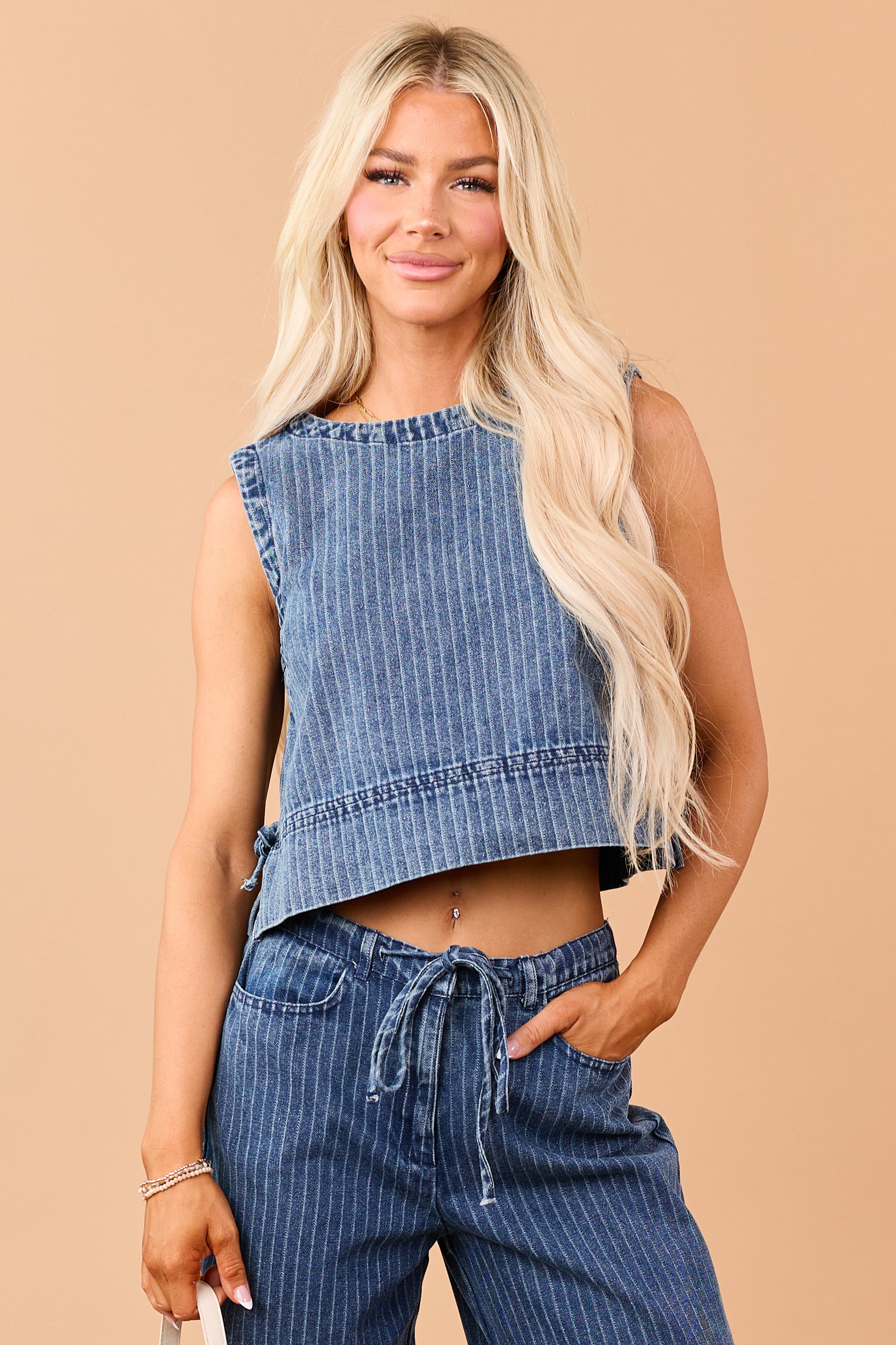 Dark Wash Denim Side Tie Striped Crop Tank Top | Lime Lush Boutique
