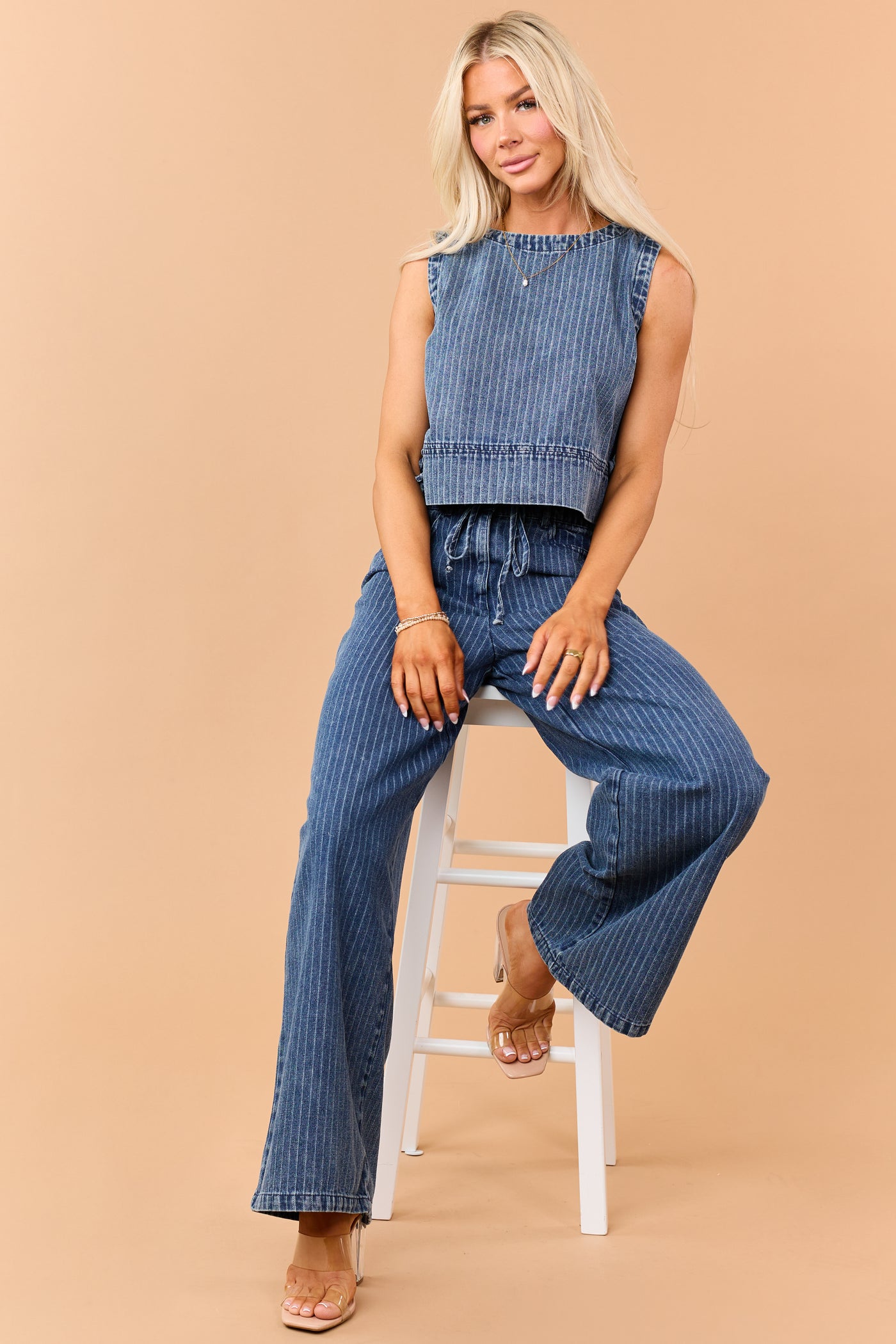 Dark Wash Denim Side Tie Striped Crop Tank Top