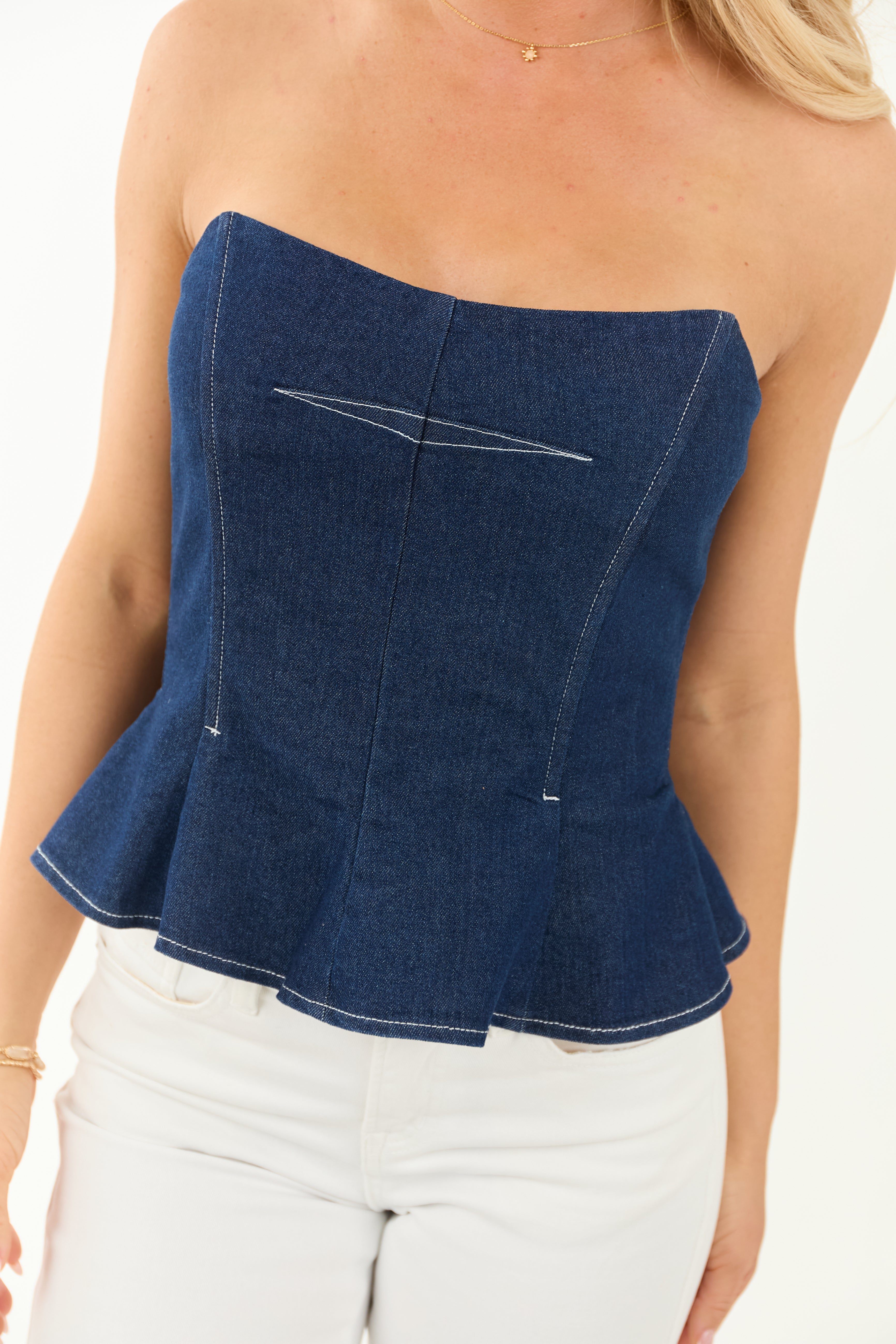 Dark Wash Denim Strapless Bustier Peplum Top | Lime Lush Boutique