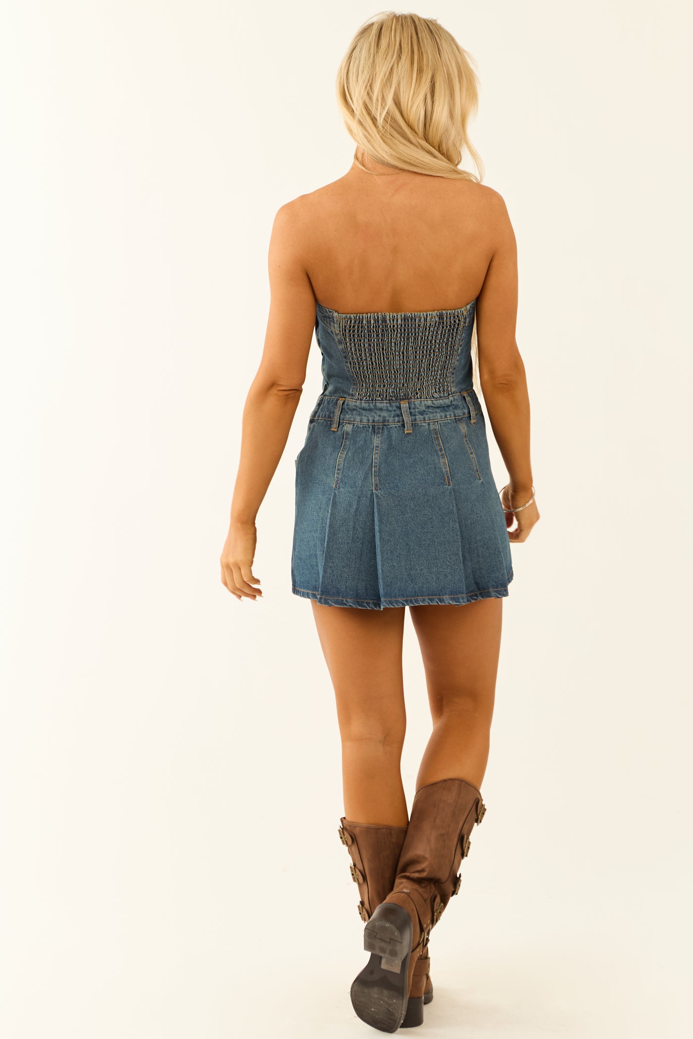 Dark Wash Denim Strapless Pleated Mini Dress