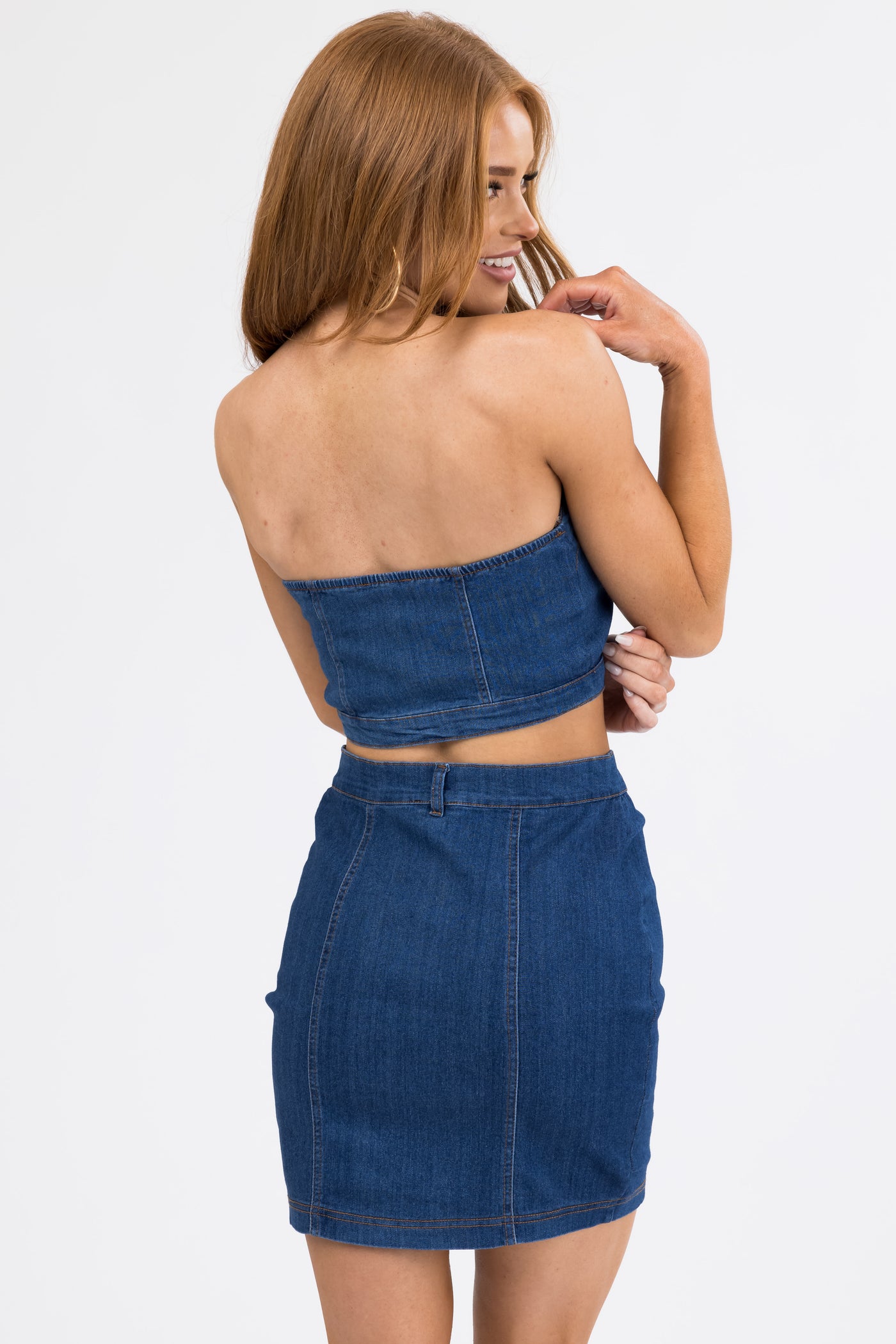 Dark Wash Denim Strapless Top and Skirt Set