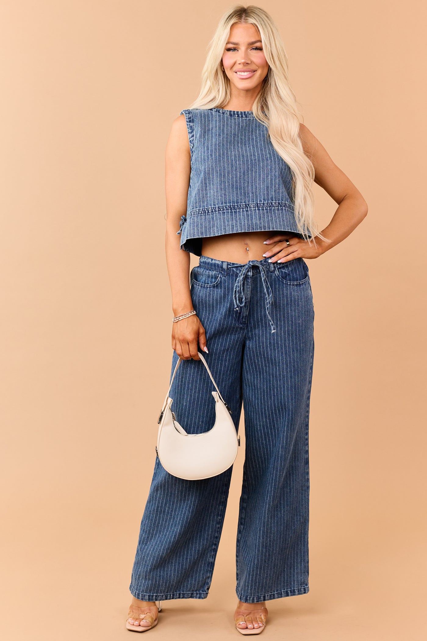 Dark Wash Denim Striped Wide Leg Pants