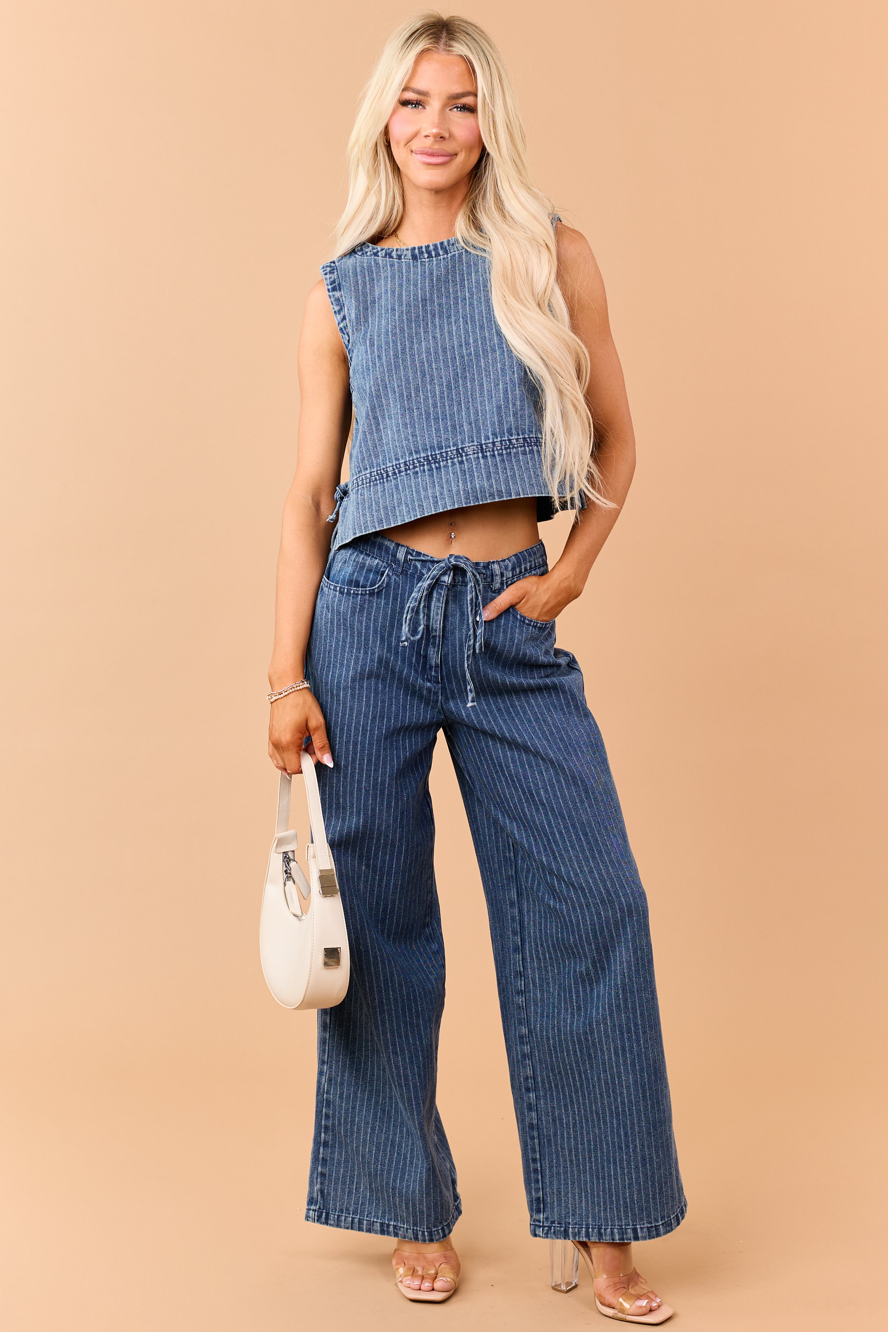 Dark Wash Denim Striped Wide Leg Pants | Lime Lush Boutique