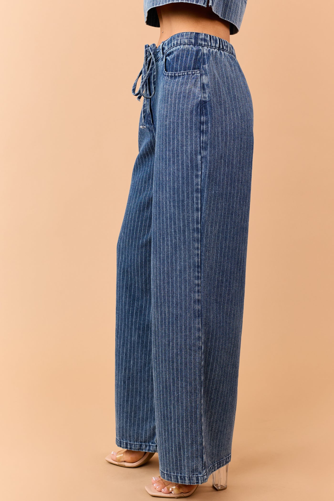 Dark Wash Denim Striped Wide Leg Pants