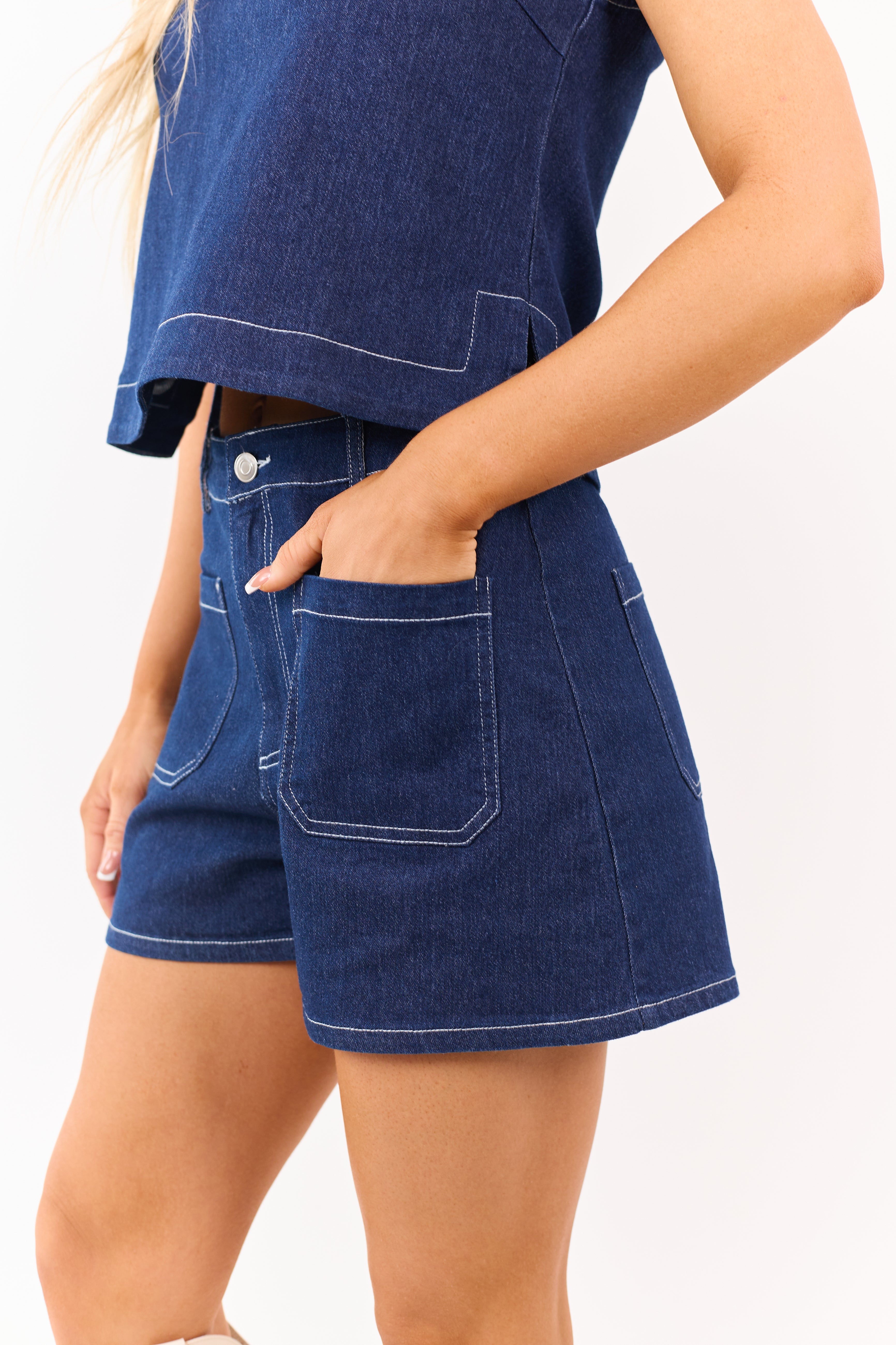 Dark Wash Denim Tank Top and Shorts Set