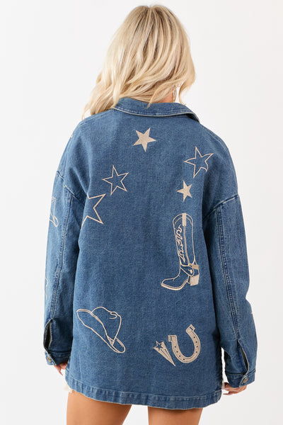 Dark Wash Denim Western Embroidered Shacket