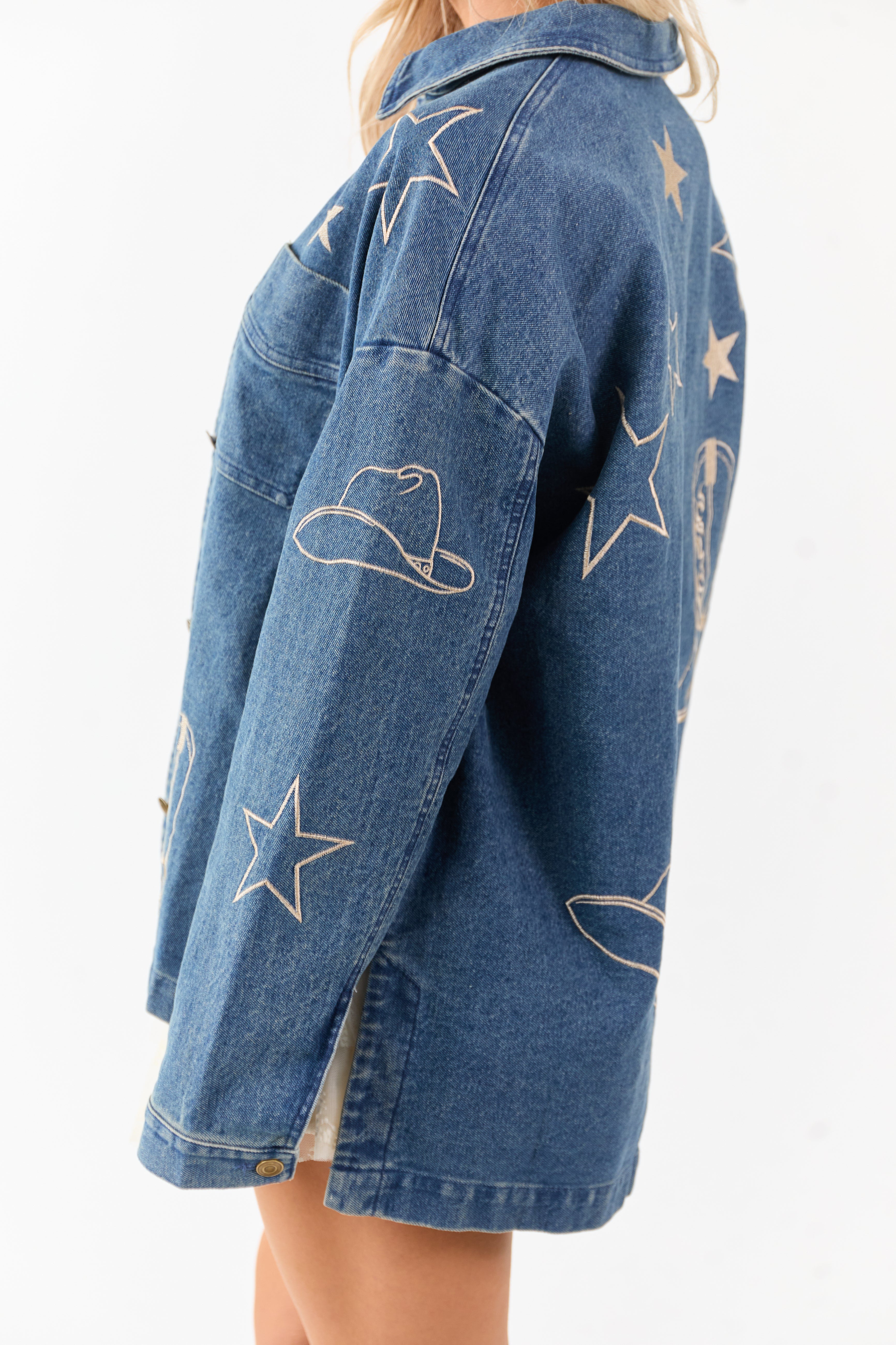 Dark Wash Denim Western Embroidered Shacket
