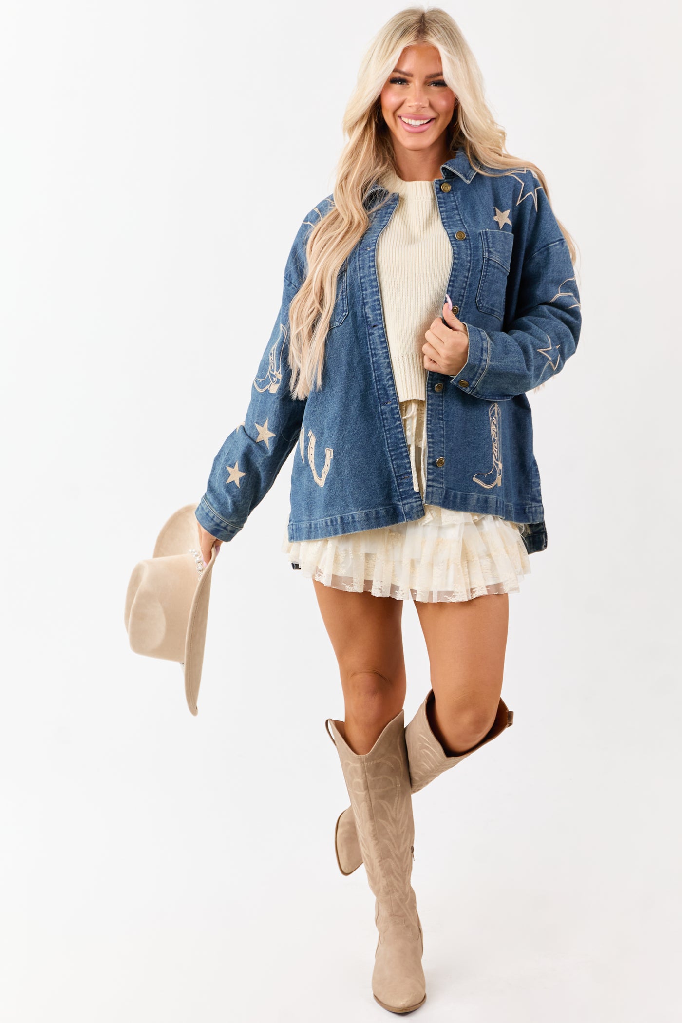 Dark Wash Denim Western Embroidered Shacket