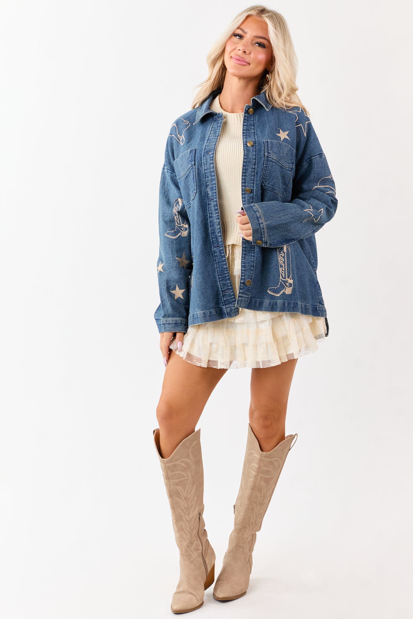 Dark Wash Denim Western Embroidered Shacket