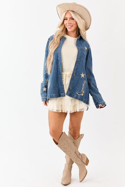 Dark Wash Denim Western Embroidered Shacket