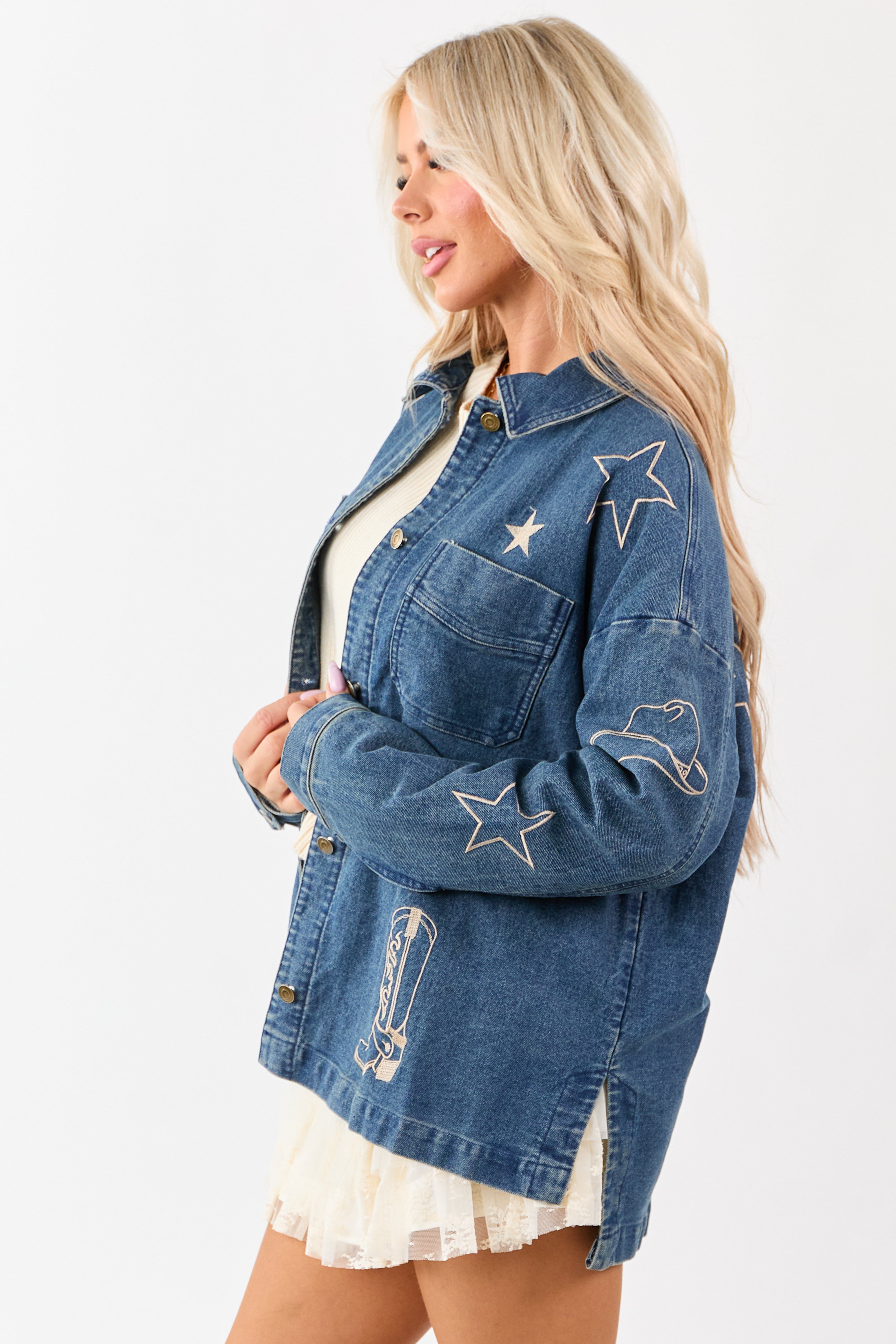 Dark Wash Denim Western Embroidered Shacket