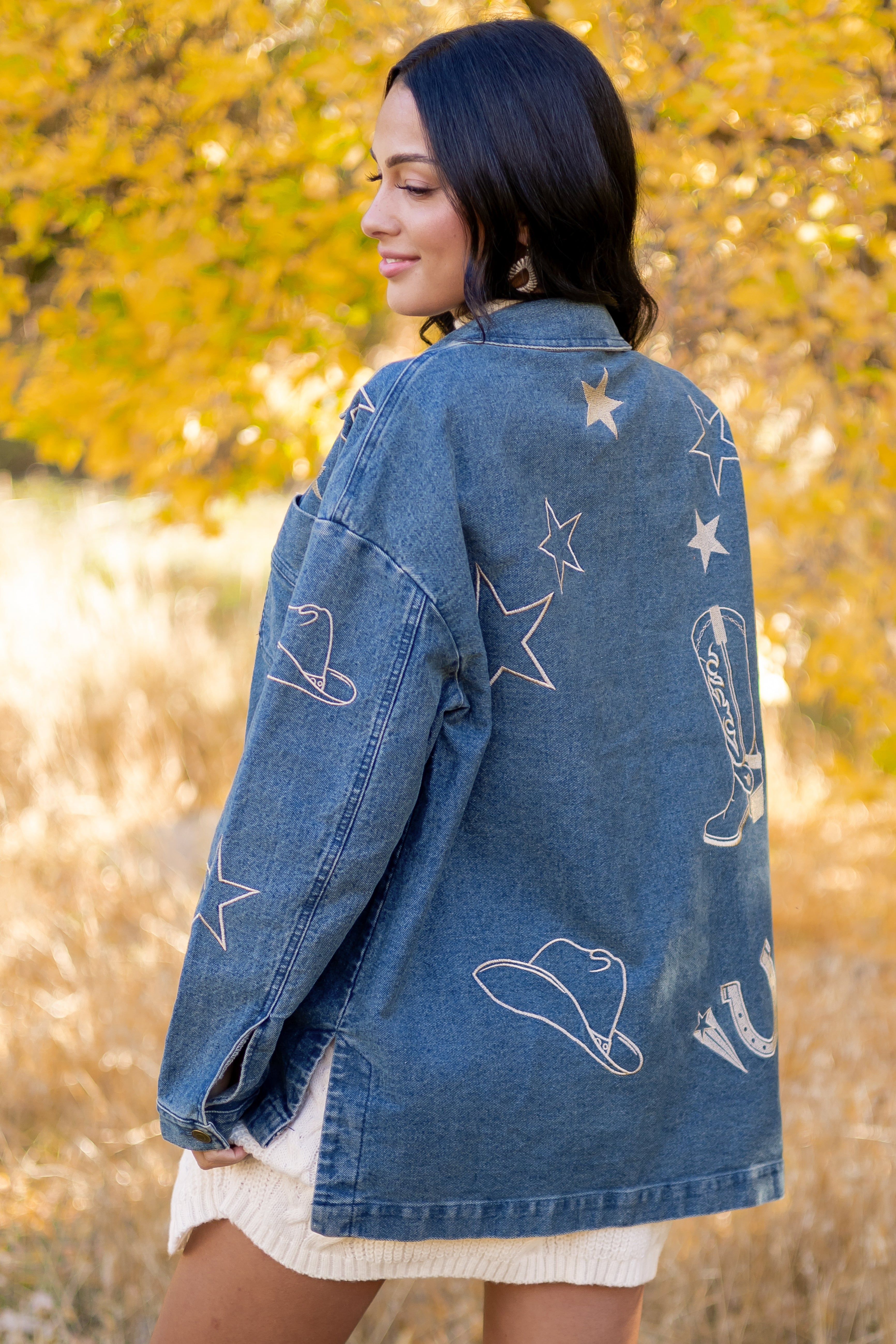 Dark Wash Denim Western Embroidered Shacket