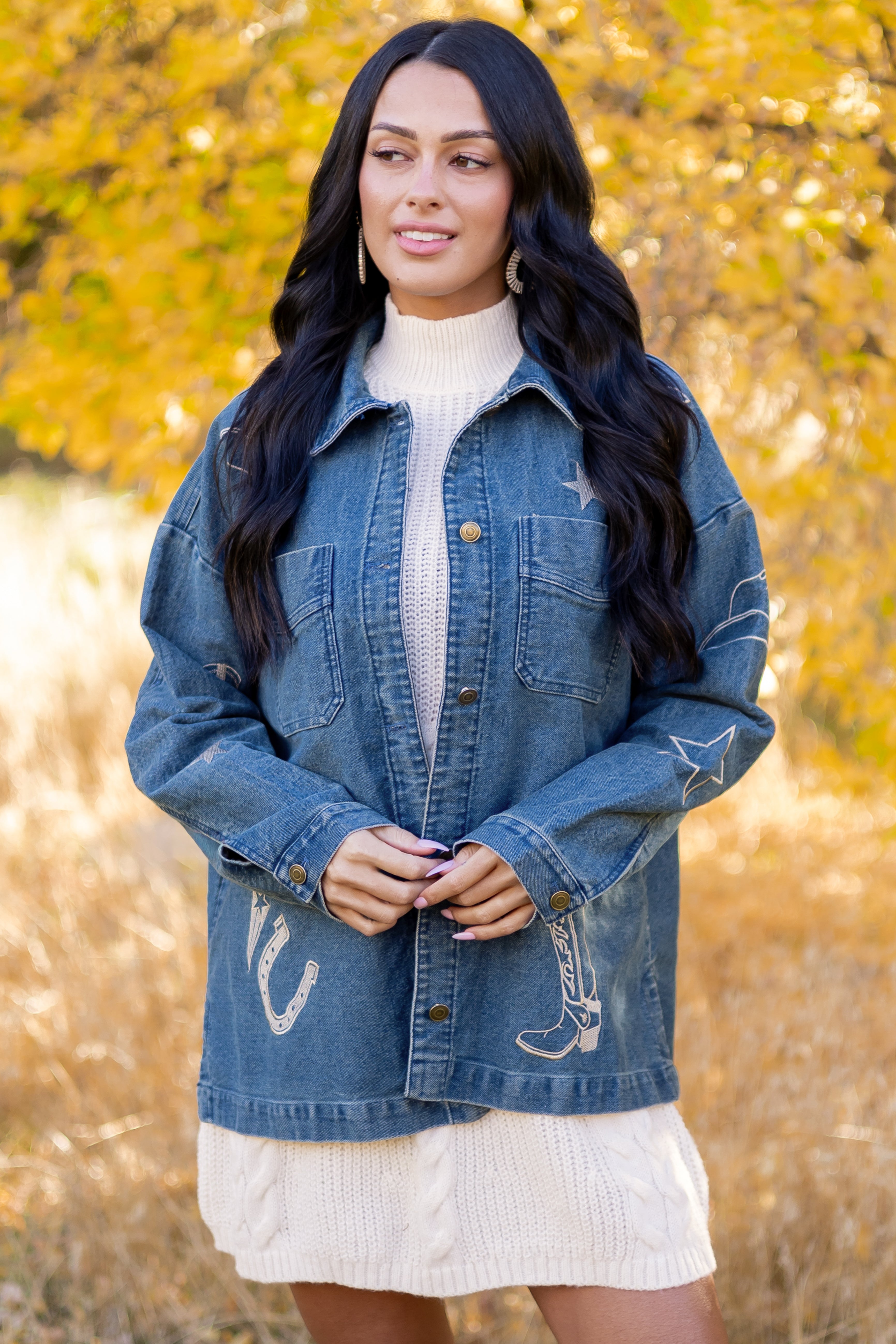 Dark Wash Denim Western Embroidered Shacket | Lime Lush Boutique