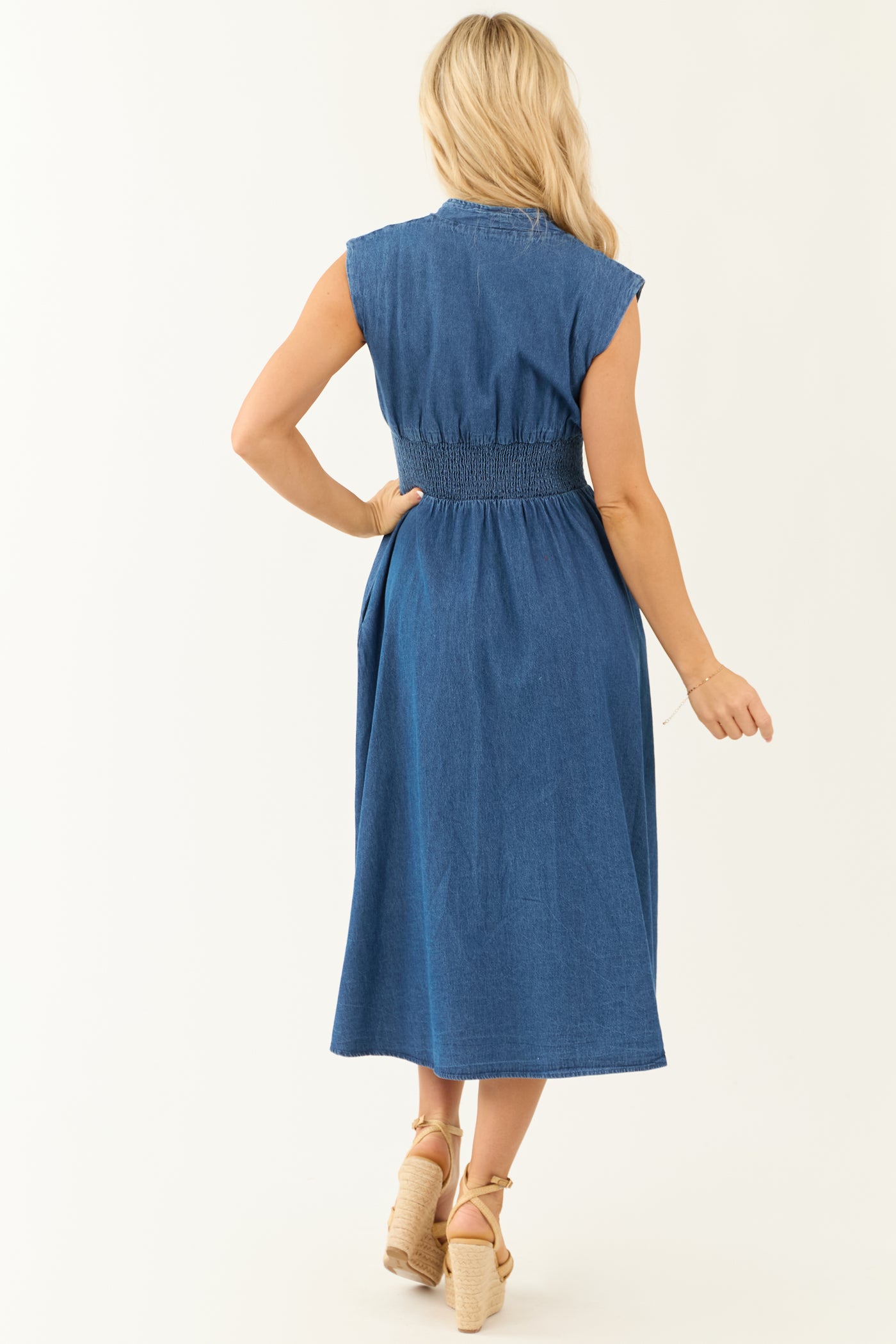 Dark Wash Denim Zip Up Cap Sleeve Midi Dress