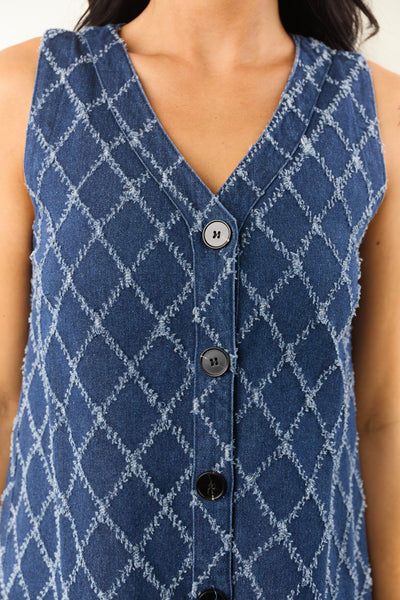 Dark Wash Frayed Geometric Pattern Denim Mini Dress