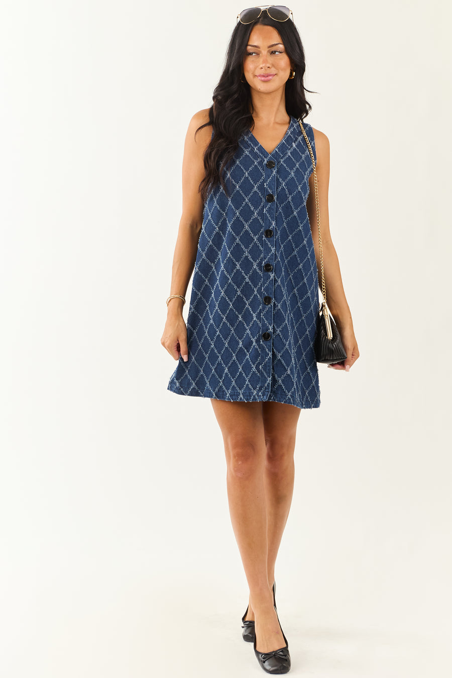 Dark Wash Frayed Geometric Pattern Denim Mini Dress