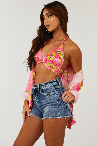 Dark Wash Frayed Hem High Rise Denim Shorts