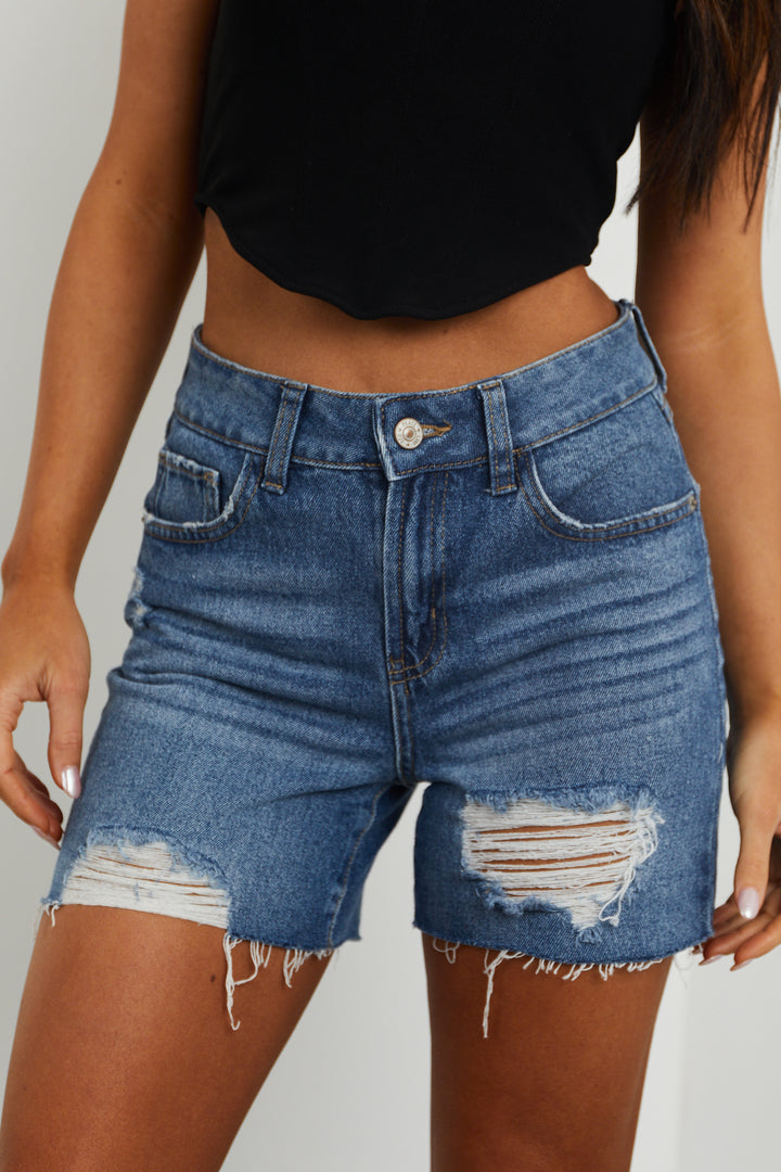 Dark Wash High Rise Boyfriend Fit Denim Shorts