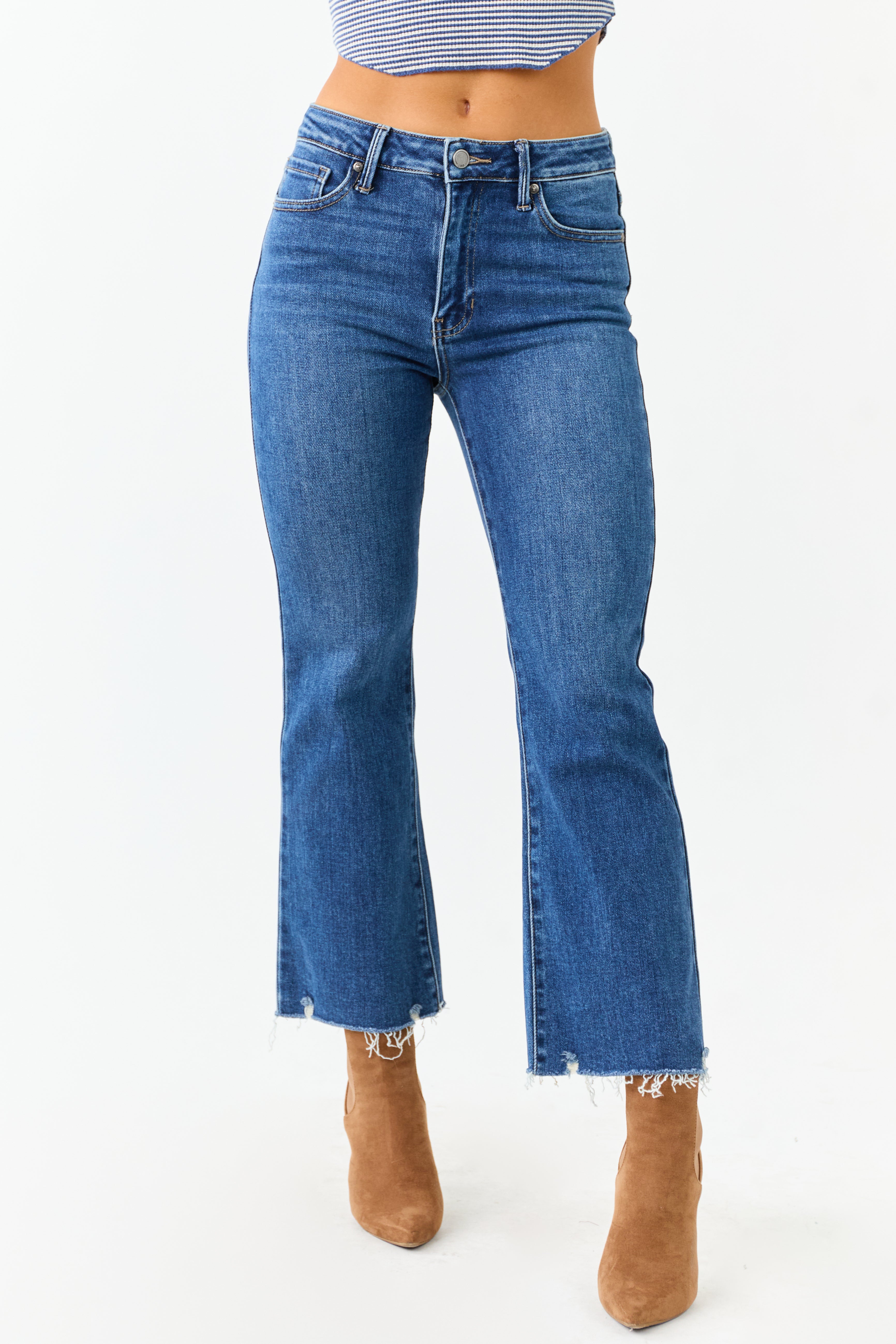 Dark Wash High Rise Cropped Flare Stretchy Jeans | Lime Lush Boutique